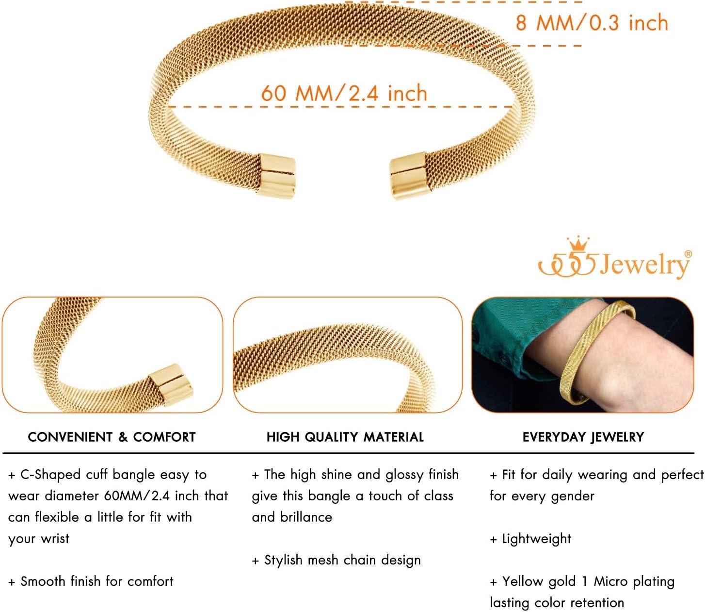 image:image555Jewelry Unisex Stainless Steel Mesh Open Cuff Bangle Bracelet for Men amp WomenGold