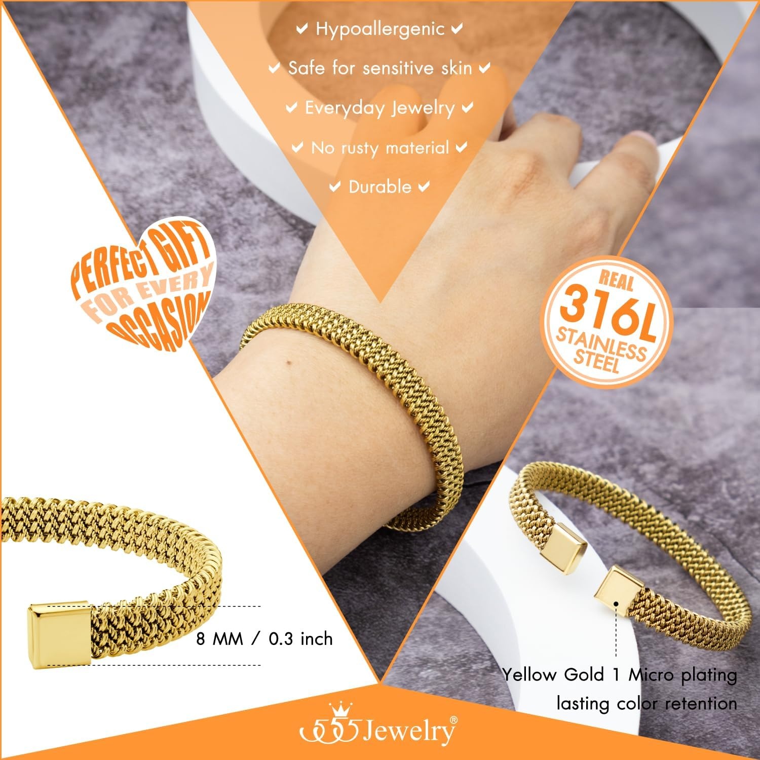 image:image555Jewelry Unisex Stainless Steel Mesh Open Cuff Bangle Bracelet for Men amp WomenGold Style 3