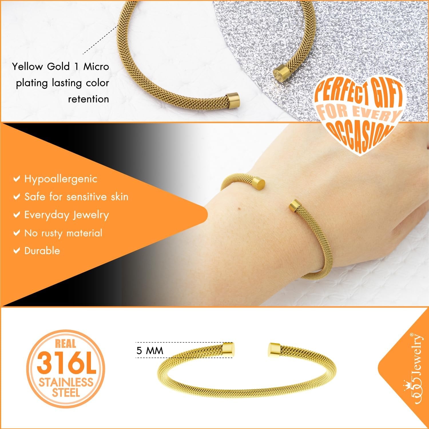 image:image555Jewelry Unisex Stainless Steel Mesh Open Cuff Bangle Bracelet for Men amp WomenGold Style 4