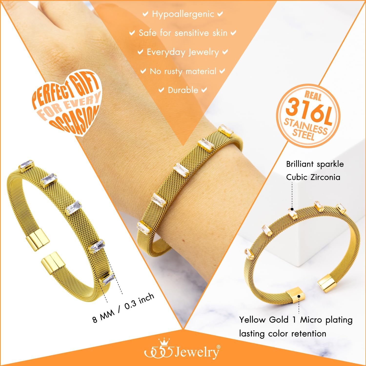 image:image555Jewelry Unisex Stainless Steel Mesh Open Cuff Bangle Bracelet for Men amp WomenGoldCZ