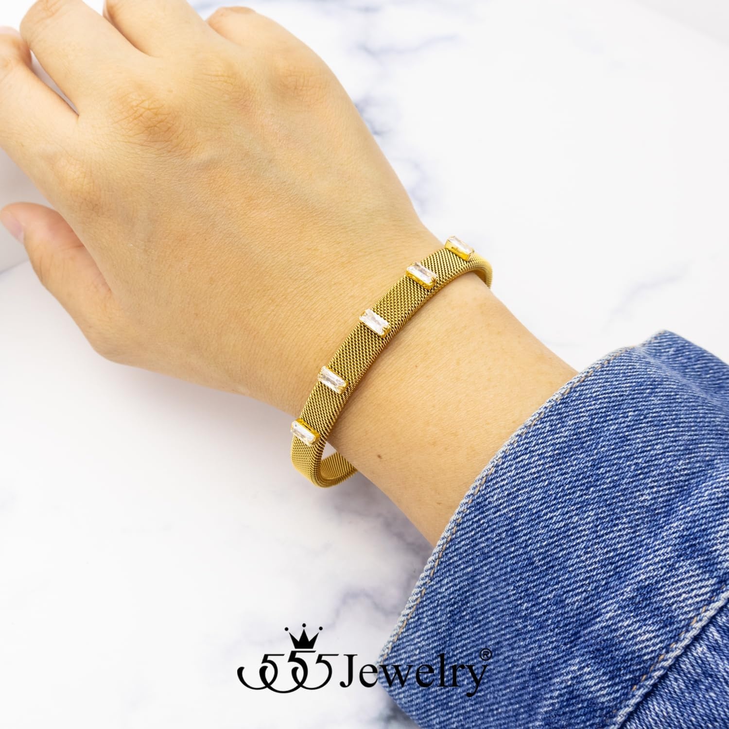image:image555Jewelry Unisex Stainless Steel Mesh Open Cuff Bangle Bracelet for Men amp WomenGoldCZ