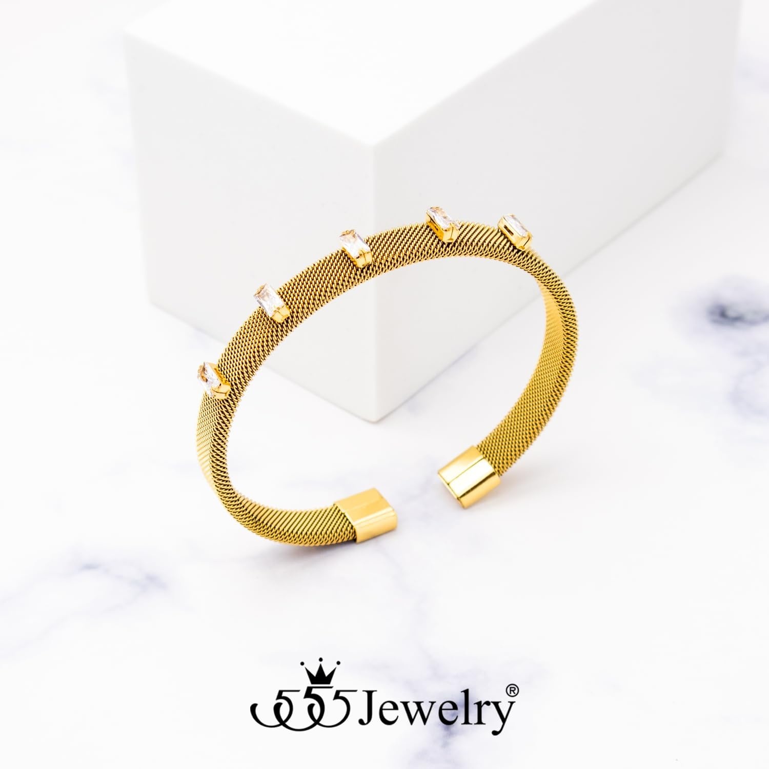 image:image555Jewelry Unisex Stainless Steel Mesh Open Cuff Bangle Bracelet for Men amp WomenGoldCZ