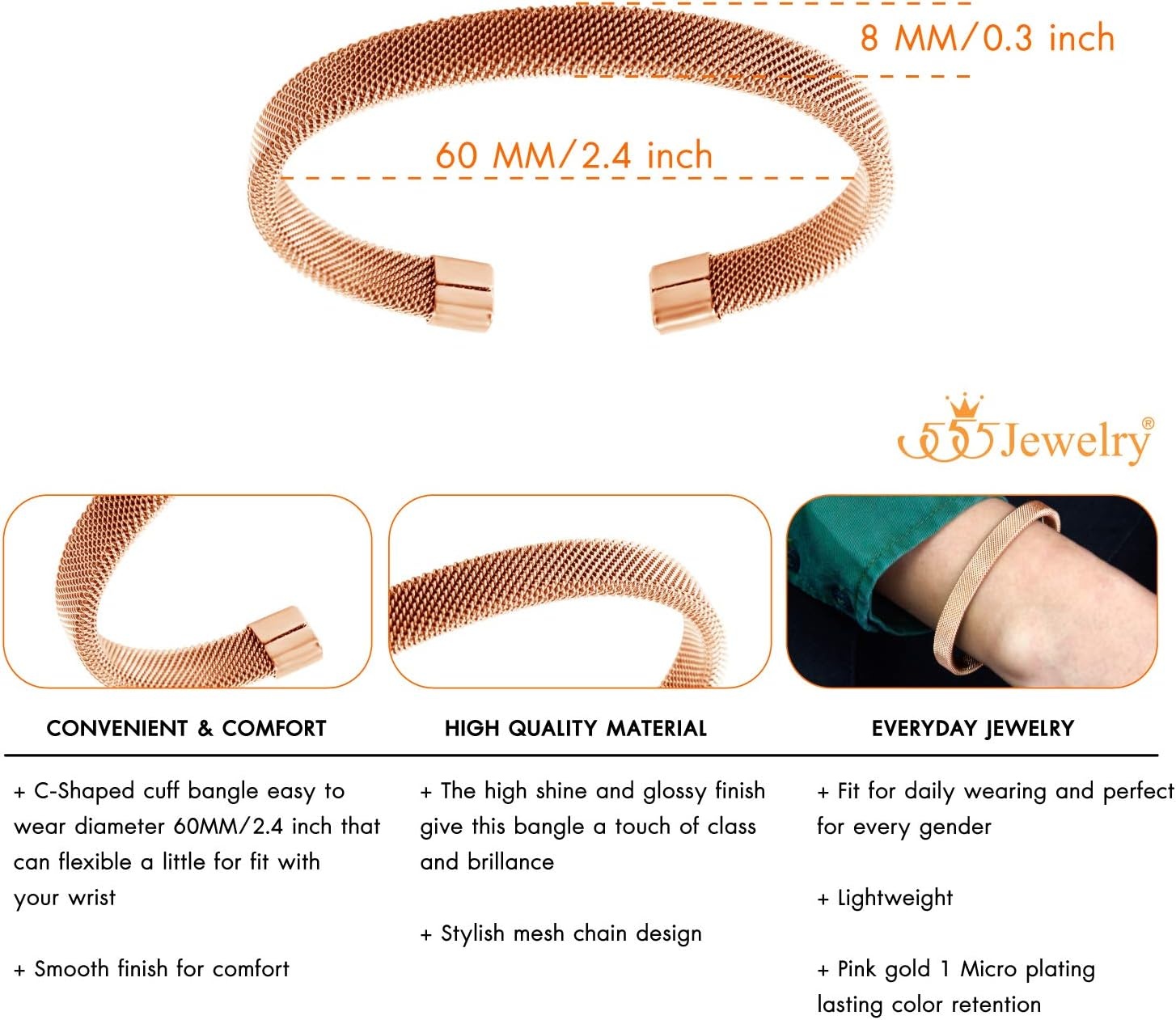 image:image555Jewelry Unisex Stainless Steel Mesh Open Cuff Bangle Bracelet for Men amp WomenRose Gold