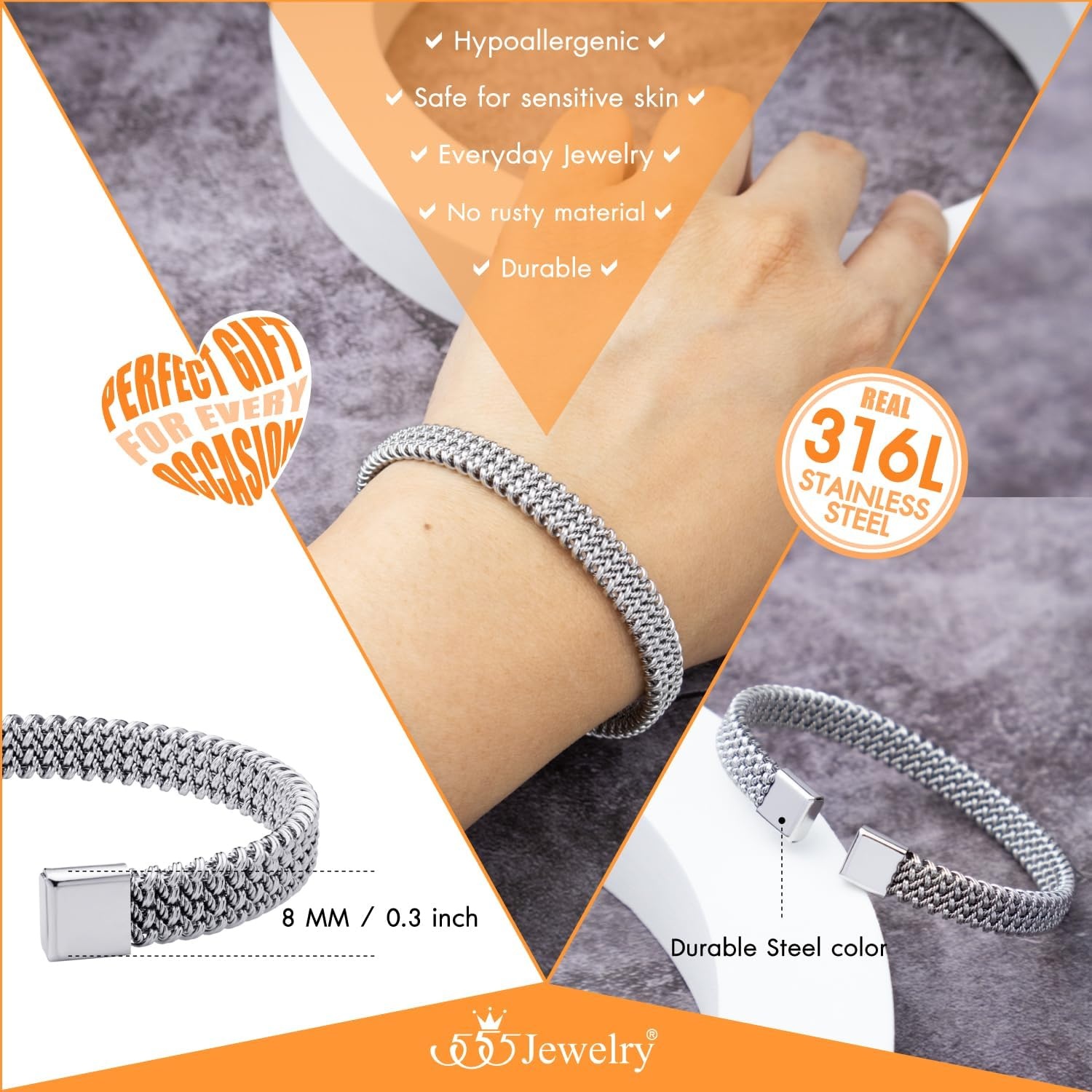 image:image555Jewelry Unisex Stainless Steel Mesh Open Cuff Bangle Bracelet for Men amp WomenSilver Style 3