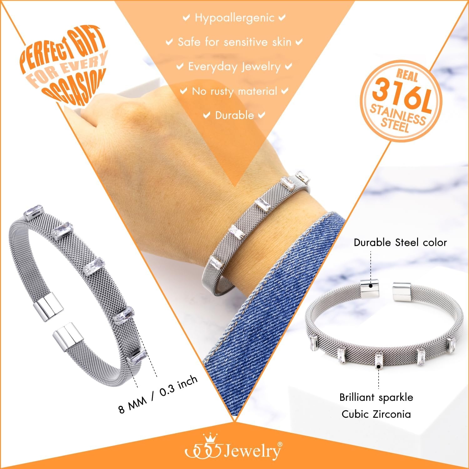 image:image555Jewelry Unisex Stainless Steel Mesh Open Cuff Bangle Bracelet for Men amp WomenSilverCZ