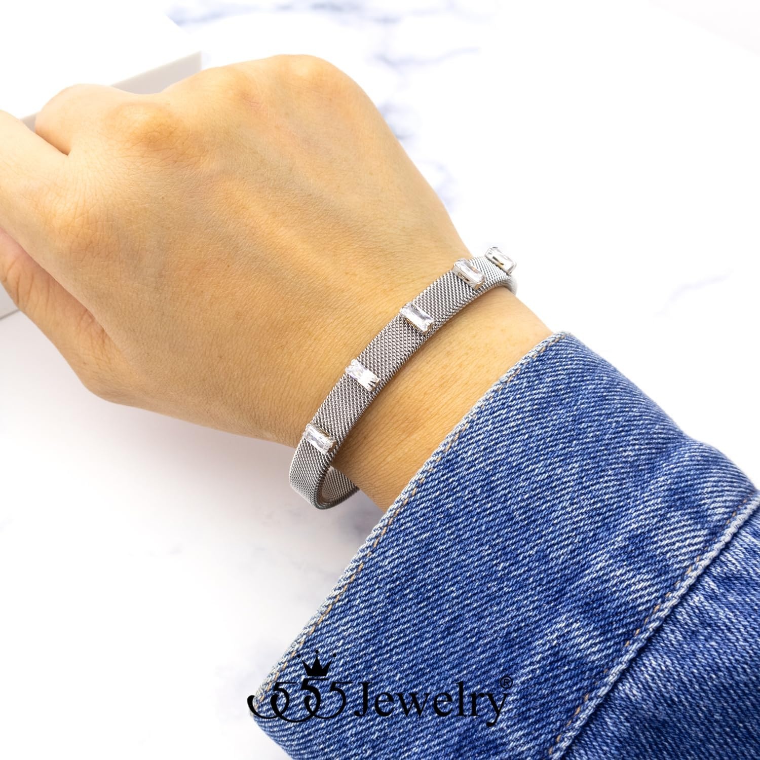 image:image555Jewelry Unisex Stainless Steel Mesh Open Cuff Bangle Bracelet for Men amp WomenSilverCZ