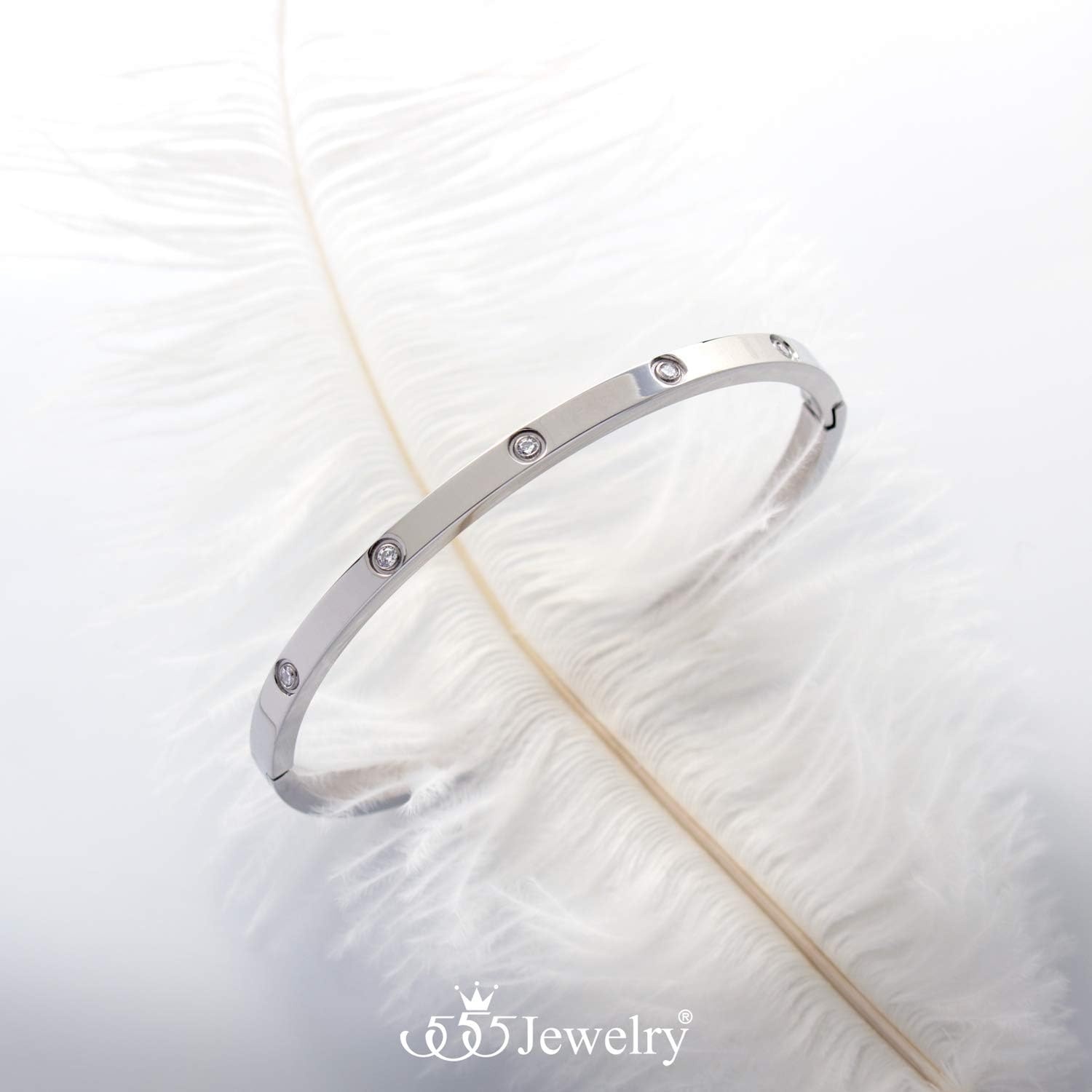 image:image555Jewelry Womens Sparkling Cubic Zirconia Secure Hinge Lock Bangle Stainless Steel BraceletSilver