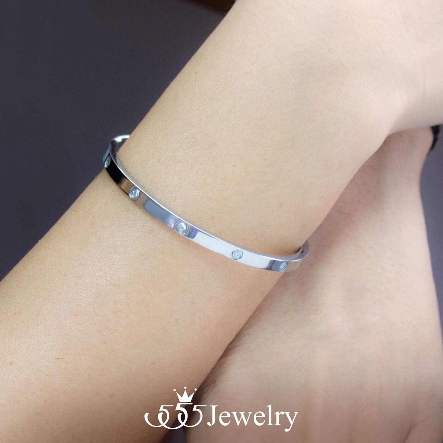 image:image555Jewelry Womens Sparkling Cubic Zirconia Secure Hinge Lock Bangle Stainless Steel BraceletSilver