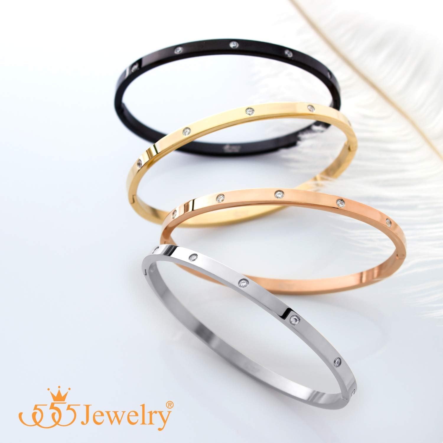 image:image555Jewelry Womens Sparkling Cubic Zirconia Secure Hinge Lock Bangle Stainless Steel BraceletSilver