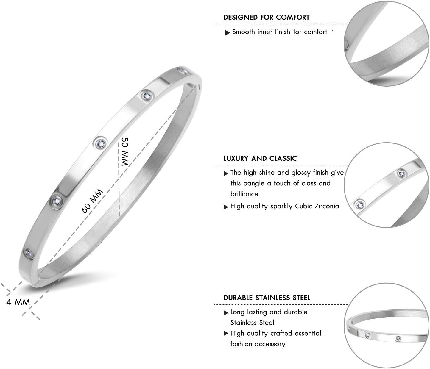 image:image555Jewelry Womens Sparkling Cubic Zirconia Secure Hinge Lock Bangle Stainless Steel BraceletSilver