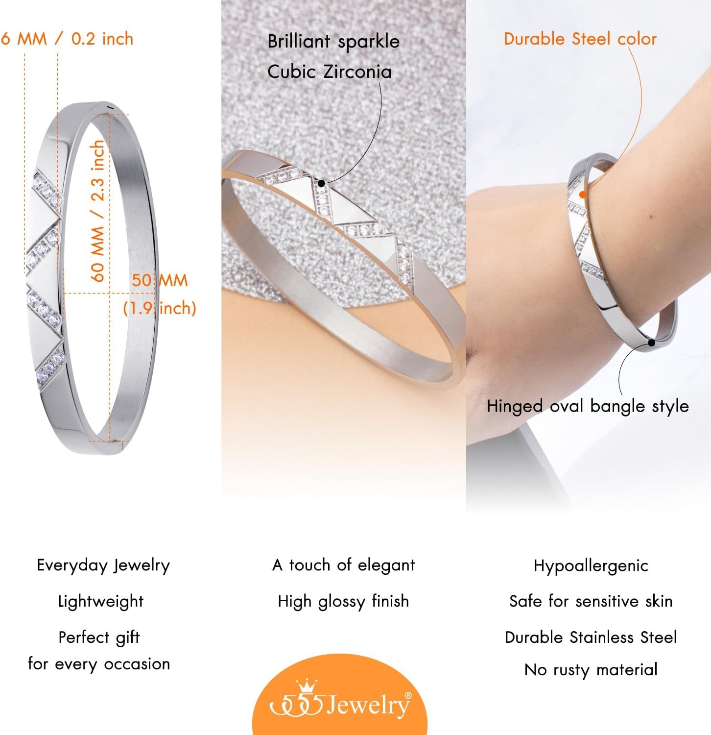 image:image555Jewelry Womens Sparkling Cubic Zirconia Secure Hinge Lock Bangle Stainless Steel BraceletSilver Style 2
