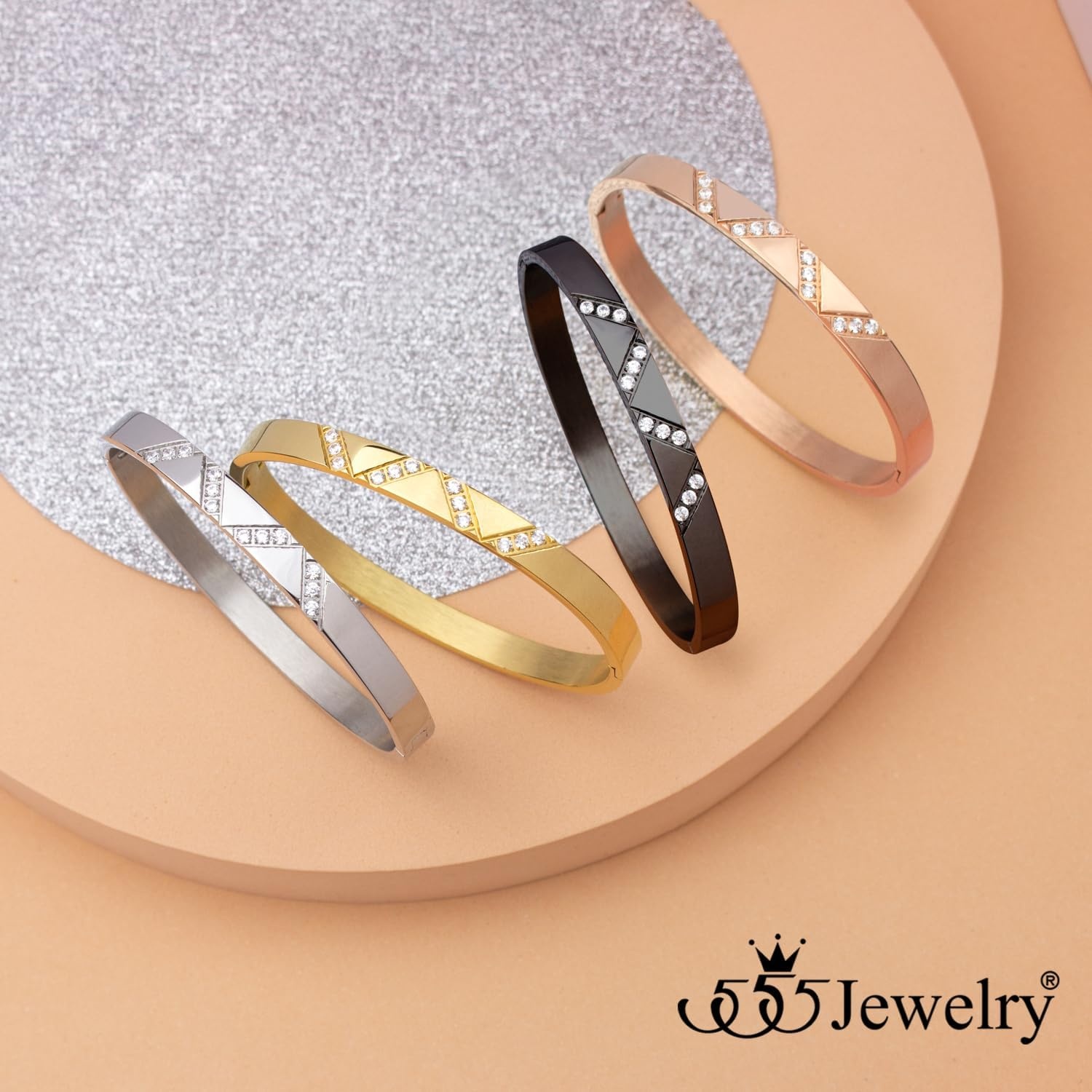 image:image555Jewelry Womens Sparkling Cubic Zirconia Secure Hinge Lock Bangle Stainless Steel BraceletSilver Style 2