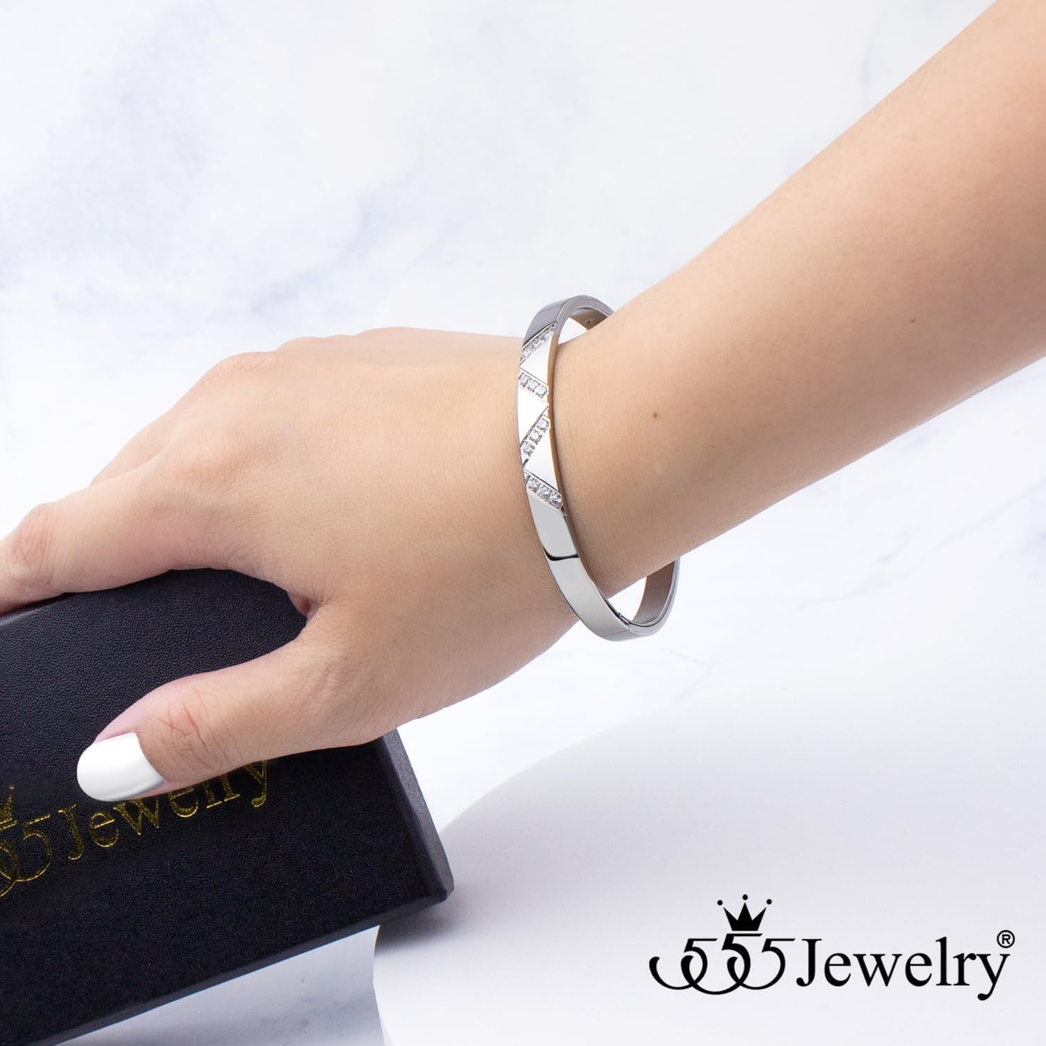 image:image555Jewelry Womens Sparkling Cubic Zirconia Secure Hinge Lock Bangle Stainless Steel BraceletSilver Style 2