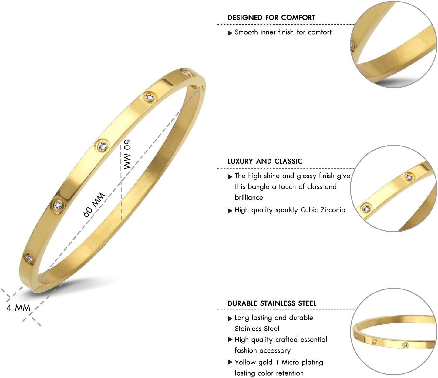 image:image555Jewelry Womens Sparkling Cubic Zirconia Secure Hinge Lock Bangle Stainless Steel BraceletYellow Gold