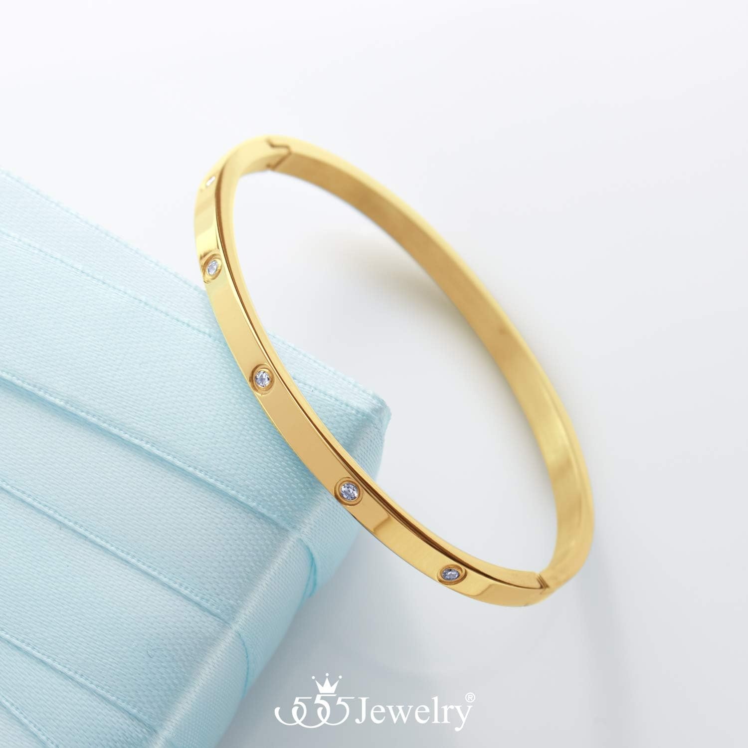 image:image555Jewelry Womens Sparkling Cubic Zirconia Secure Hinge Lock Bangle Stainless Steel BraceletYellow Gold