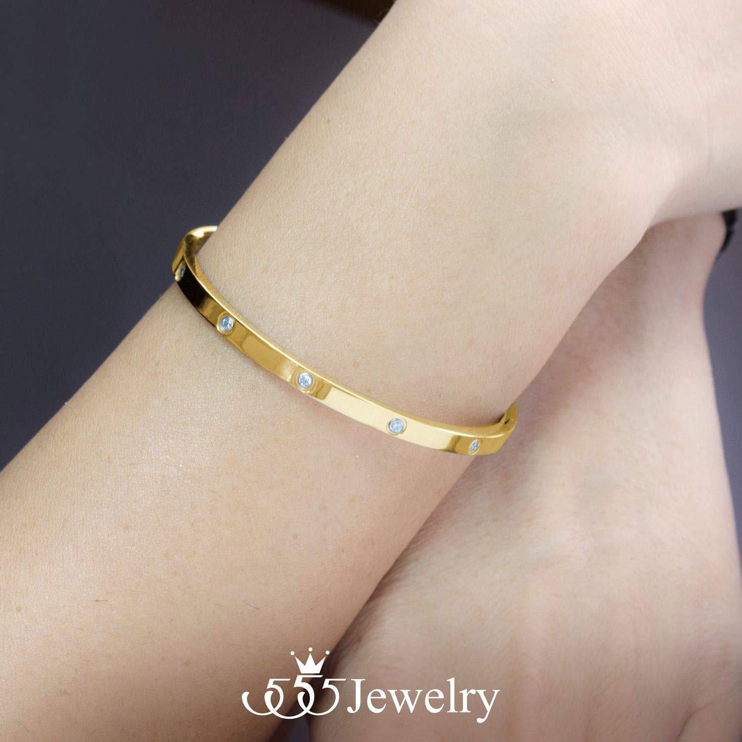 image:image555Jewelry Womens Sparkling Cubic Zirconia Secure Hinge Lock Bangle Stainless Steel BraceletYellow Gold
