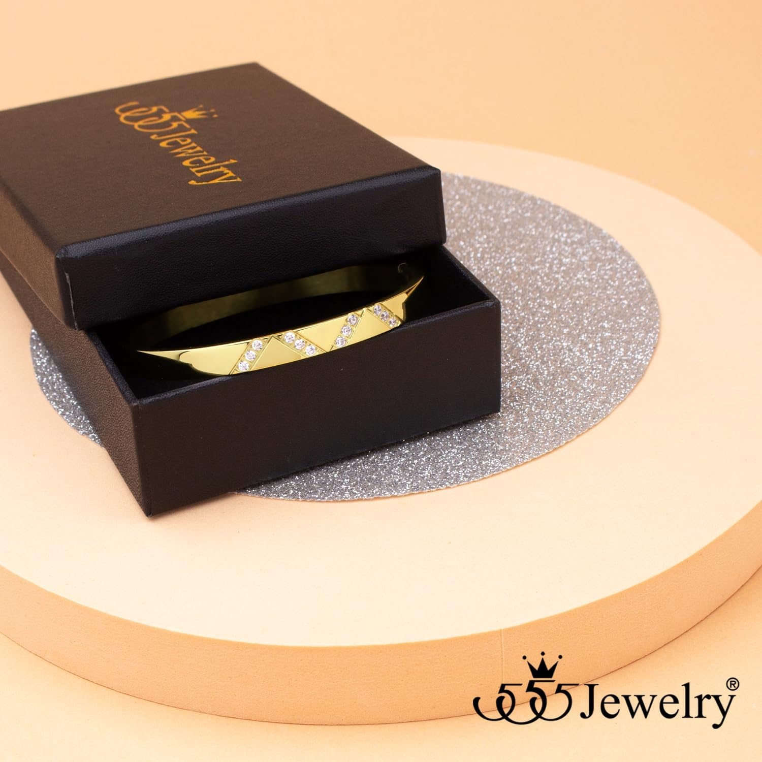 image:image555Jewelry Womens Sparkling Cubic Zirconia Secure Hinge Lock Bangle Stainless Steel BraceletYellow Gold Style 2