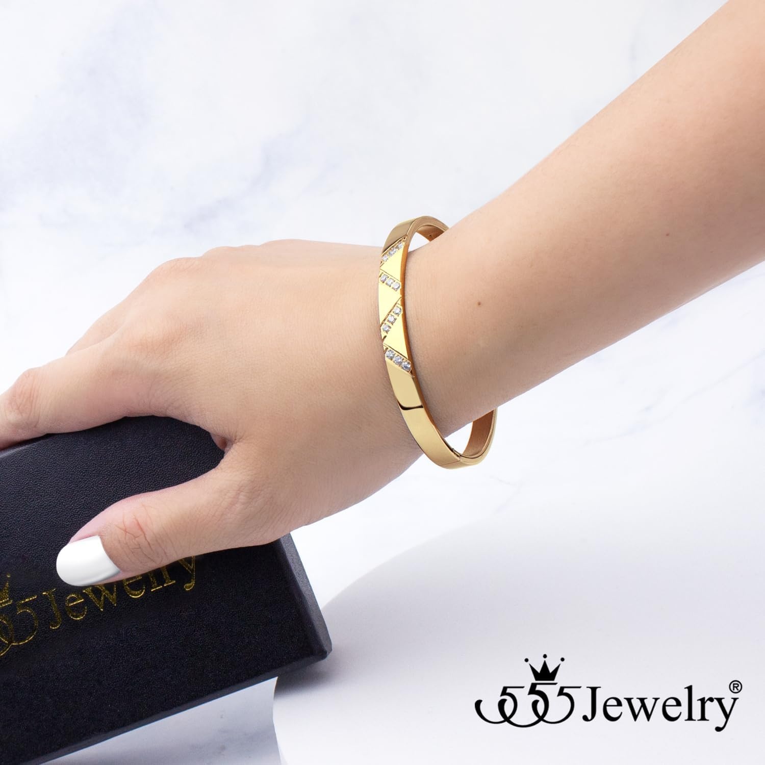image:image555Jewelry Womens Sparkling Cubic Zirconia Secure Hinge Lock Bangle Stainless Steel BraceletYellow Gold Style 2