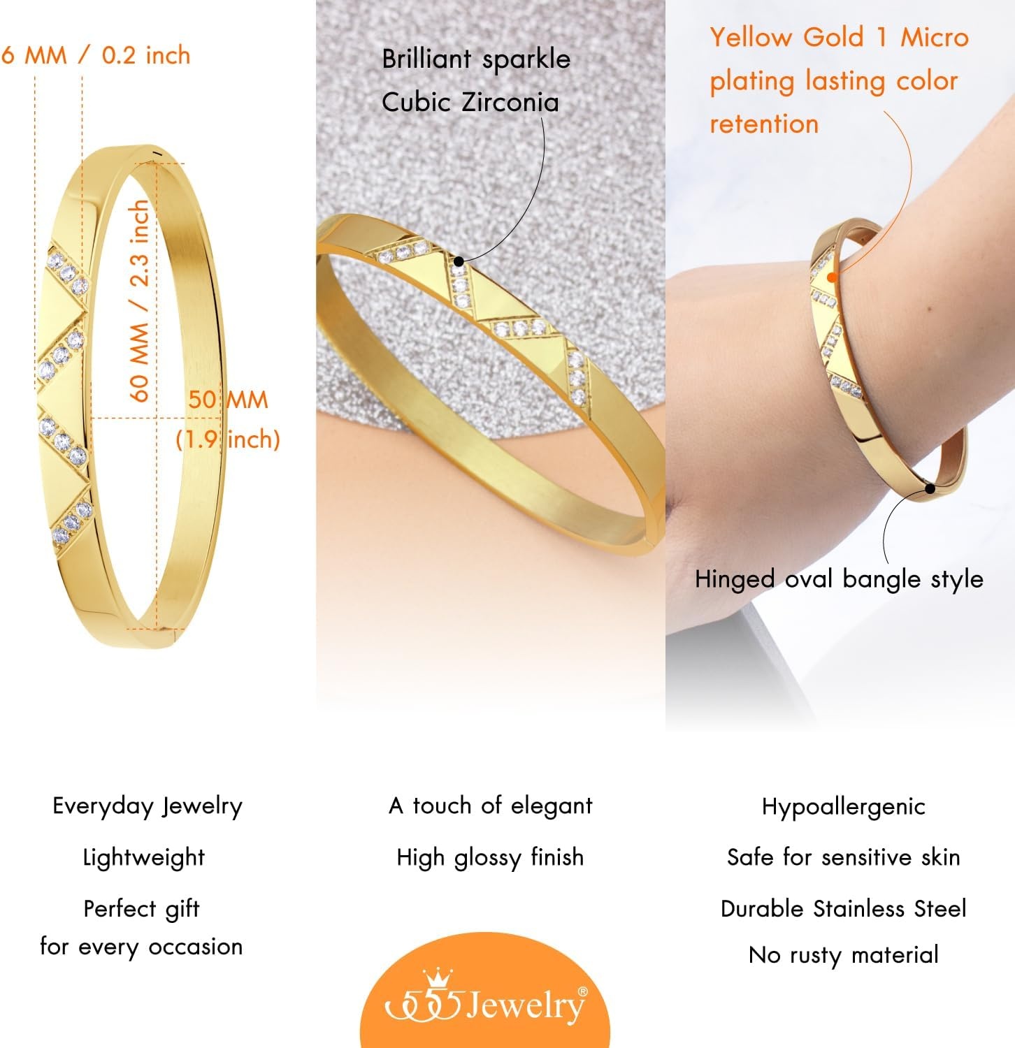 image:image555Jewelry Womens Sparkling Cubic Zirconia Secure Hinge Lock Bangle Stainless Steel BraceletYellow Gold Style 2
