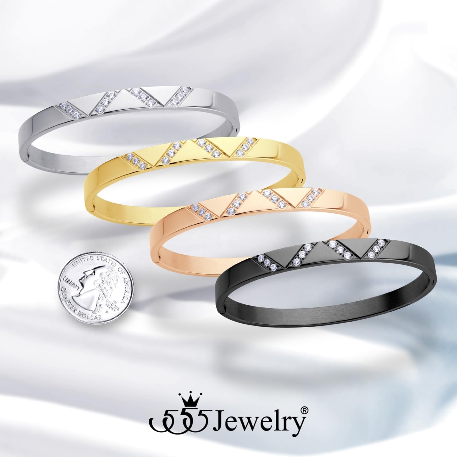 image:image555Jewelry Womens Sparkling Cubic Zirconia Secure Hinge Lock Bangle Stainless Steel BraceletYellow Gold Style 2