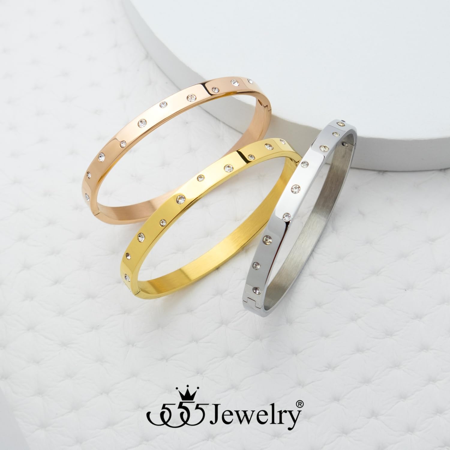 image:image555Jewelry Womens Sparkling Cubic Zirconia Secure Hinge Lock Bangle Stainless Steel BraceletYellow Gold Style 3
