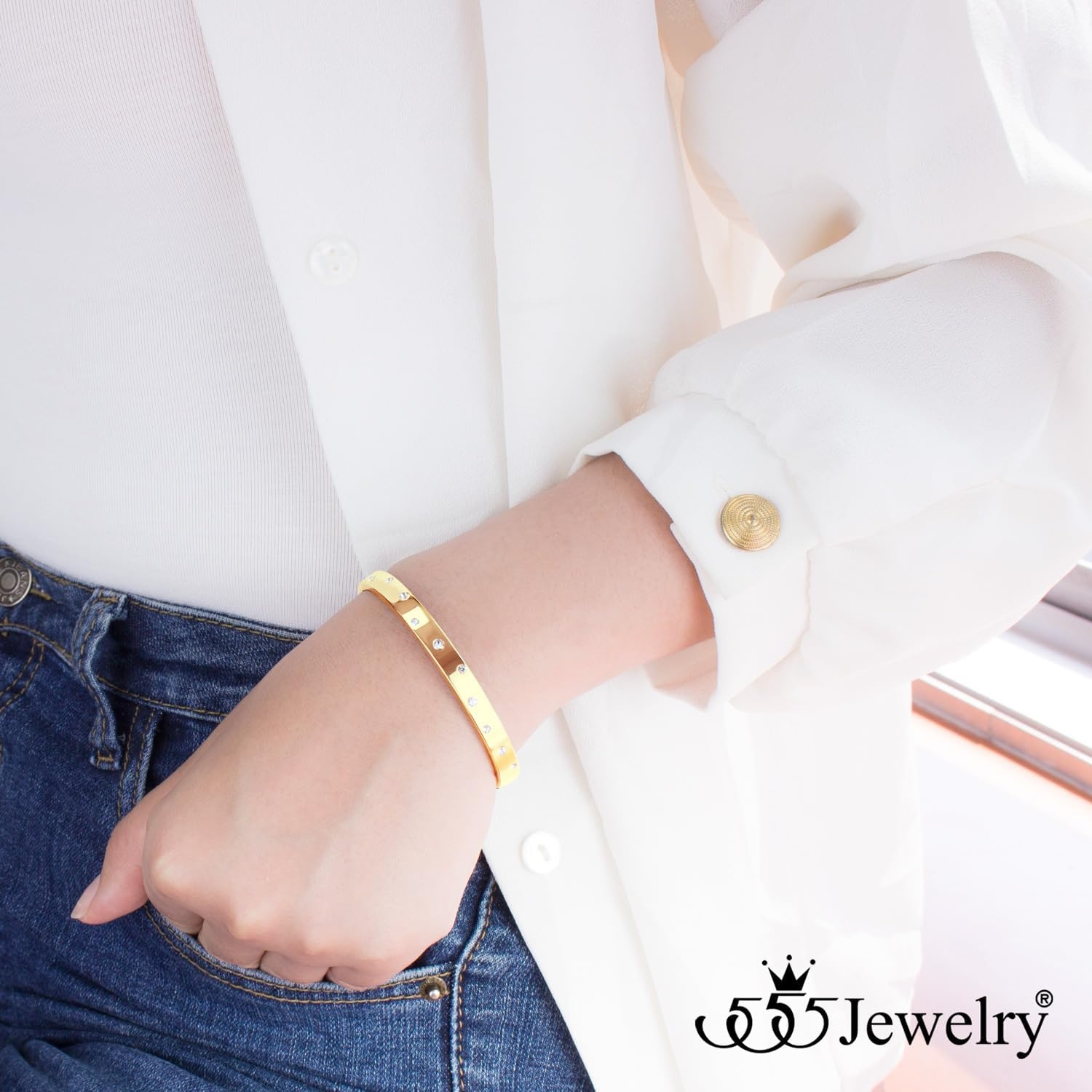 image:image555Jewelry Womens Sparkling Cubic Zirconia Secure Hinge Lock Bangle Stainless Steel BraceletYellow Gold Style 3