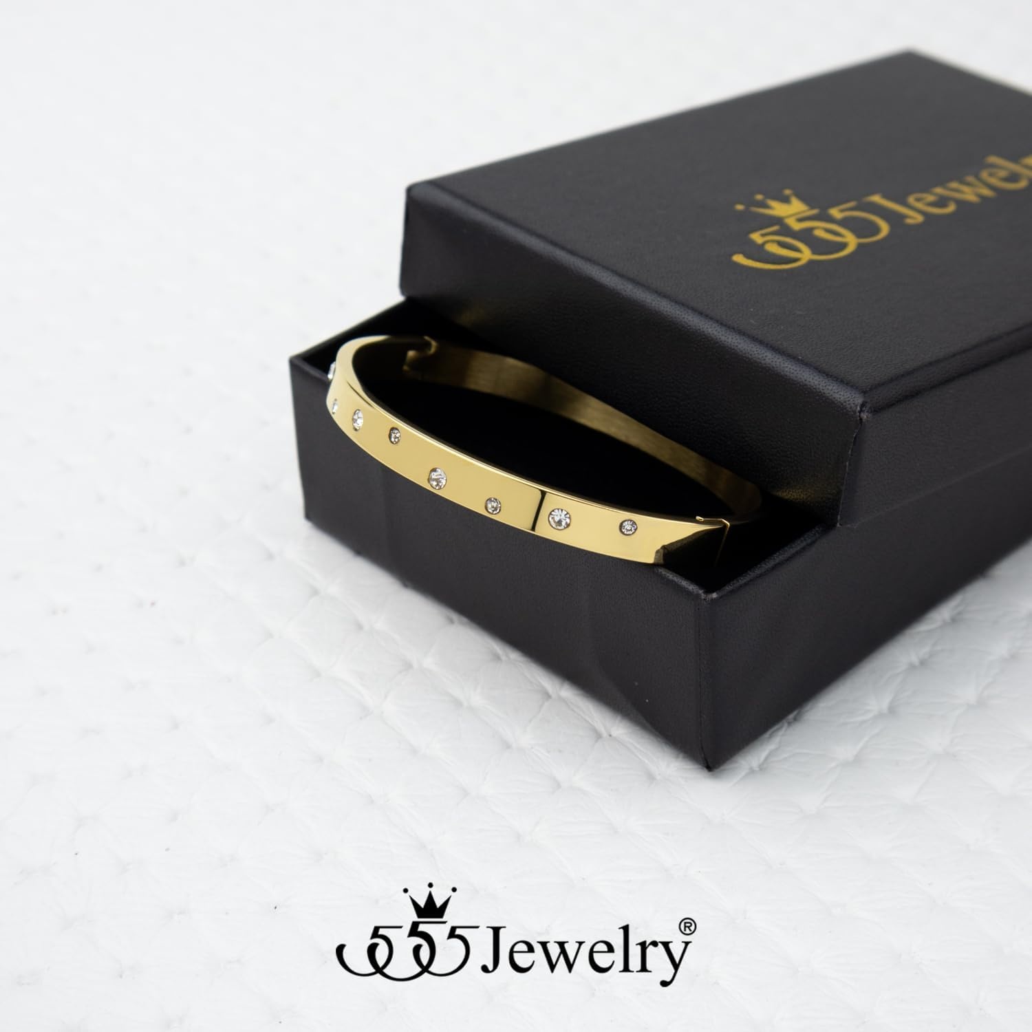image:image555Jewelry Womens Sparkling Cubic Zirconia Secure Hinge Lock Bangle Stainless Steel BraceletYellow Gold Style 3