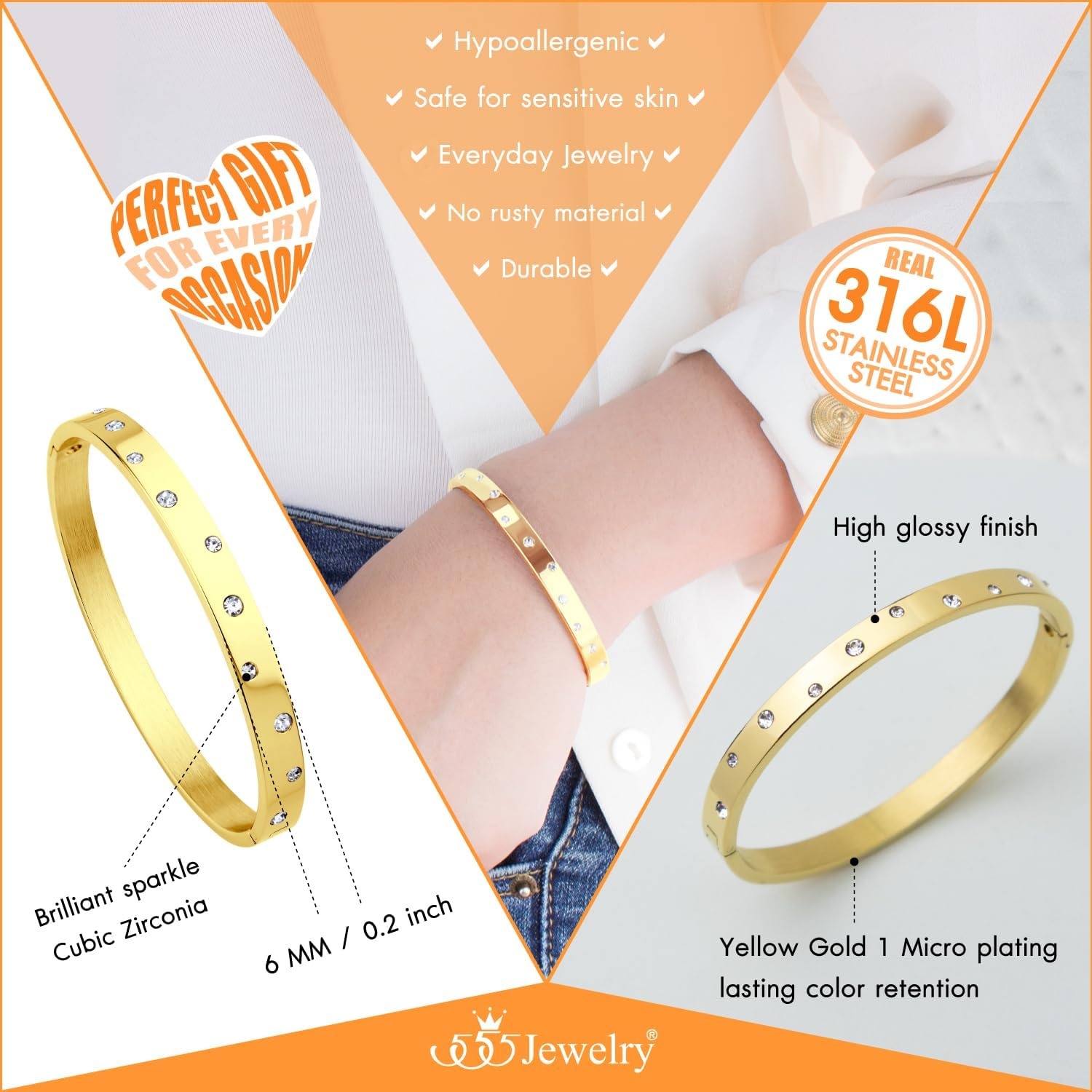 image:image555Jewelry Womens Sparkling Cubic Zirconia Secure Hinge Lock Bangle Stainless Steel BraceletYellow Gold Style 3