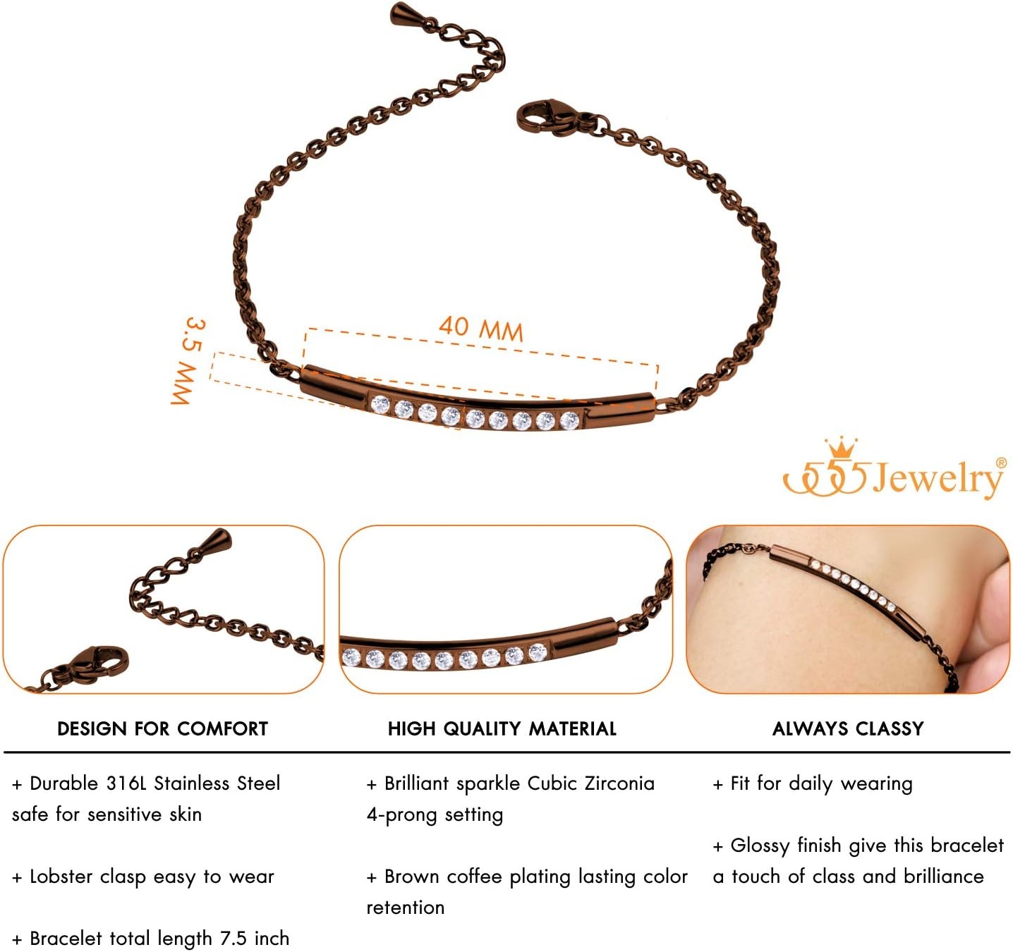 image:image555Jewelry Womens Sparkly Cubic Zirconia Cylinder Bar Stainless Steel BraceletCoffee