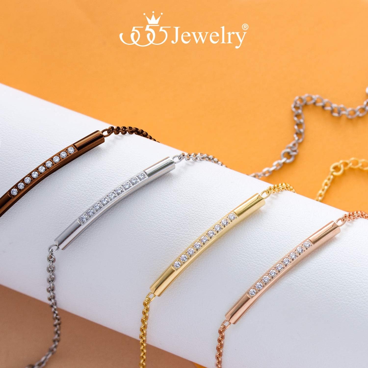image:image555Jewelry Womens Sparkly Cubic Zirconia Cylinder Bar Stainless Steel BraceletCoffee