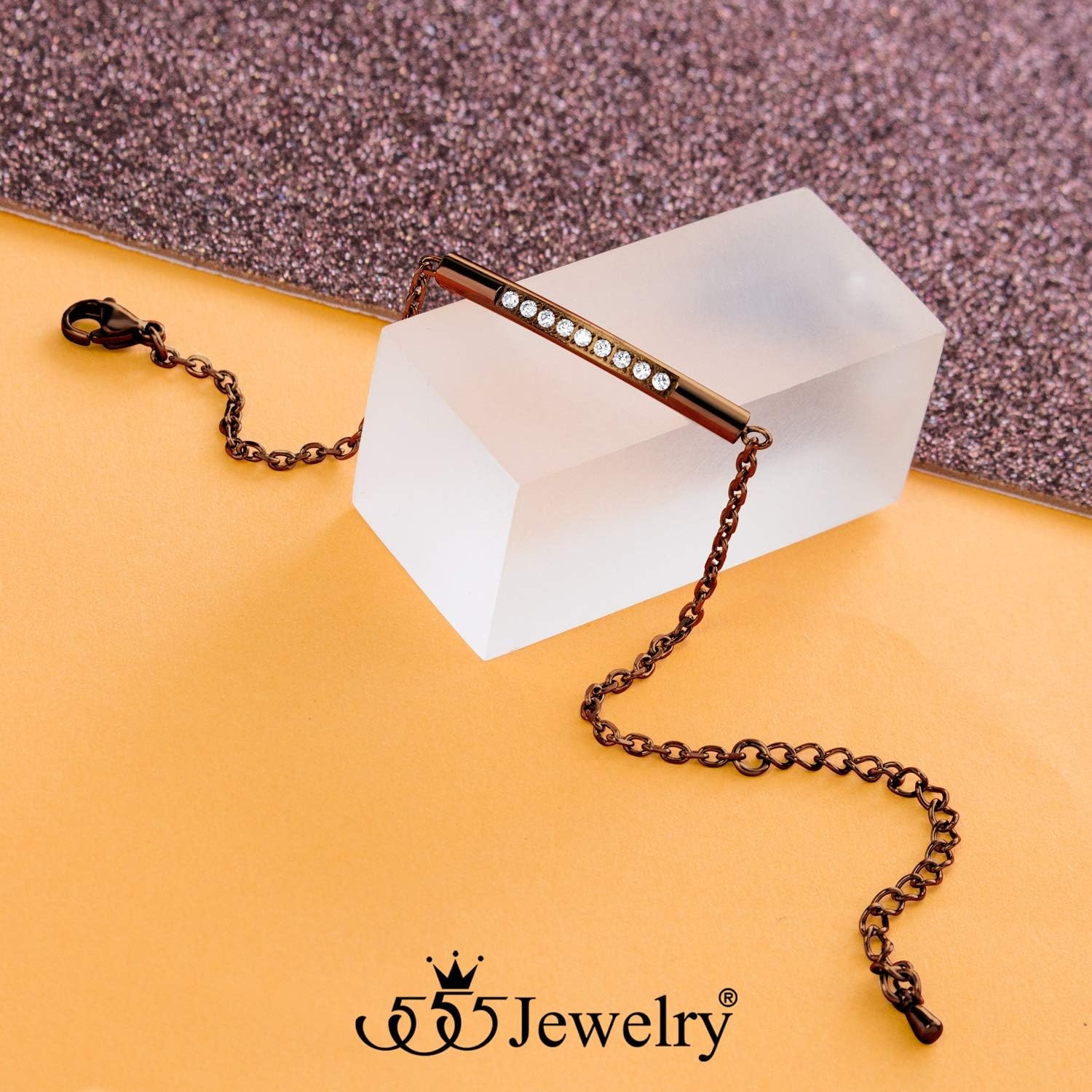 image:image555Jewelry Womens Sparkly Cubic Zirconia Cylinder Bar Stainless Steel BraceletCoffee