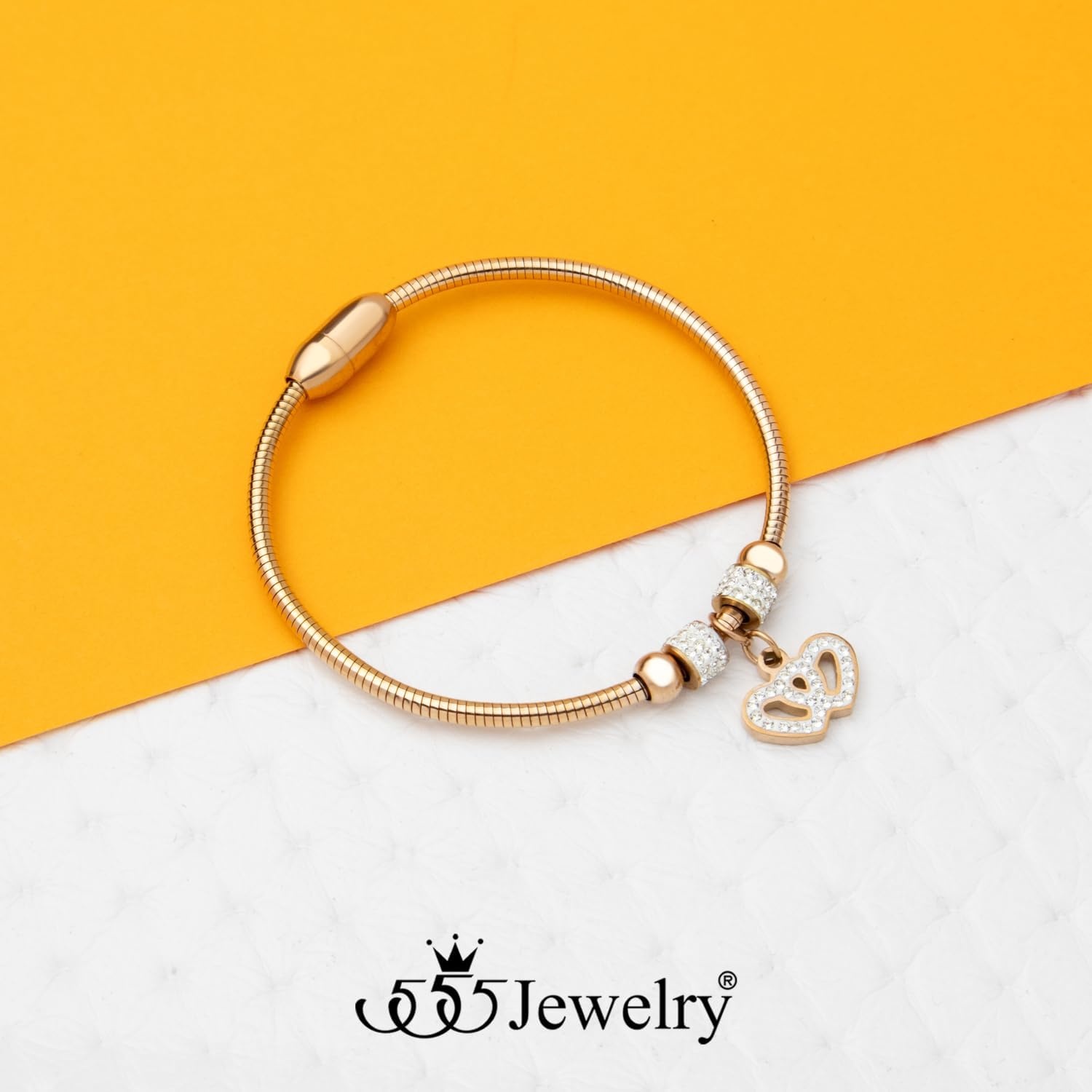 image:image555Jewelry Womens Sparkly Magnetic Clasp CZ Love Heart Charm Bangle BraceletRose Gold Style 2