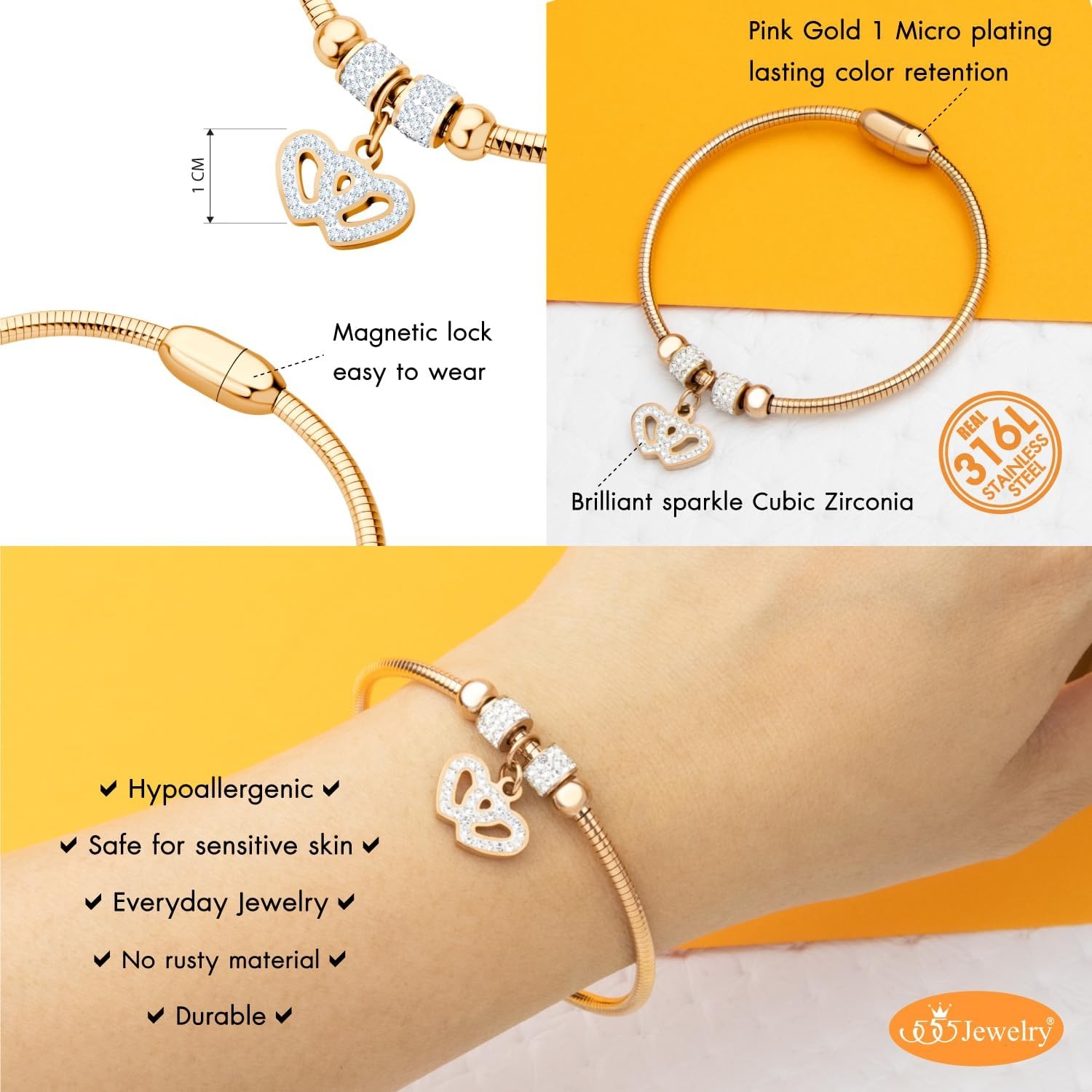 image:image555Jewelry Womens Sparkly Magnetic Clasp CZ Love Heart Charm Bangle BraceletRose Gold Style 2