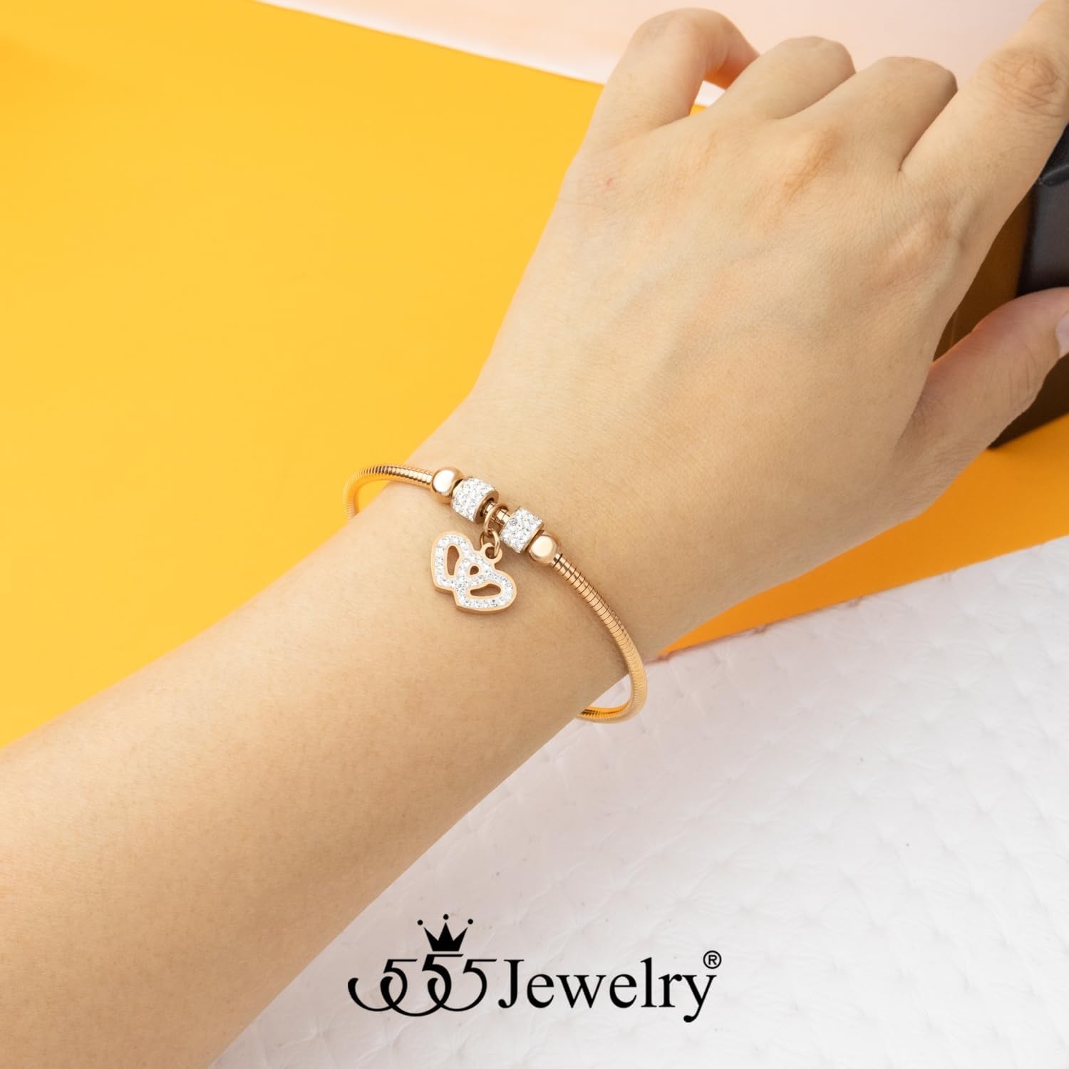 image:image555Jewelry Womens Sparkly Magnetic Clasp CZ Love Heart Charm Bangle BraceletRose Gold Style 2