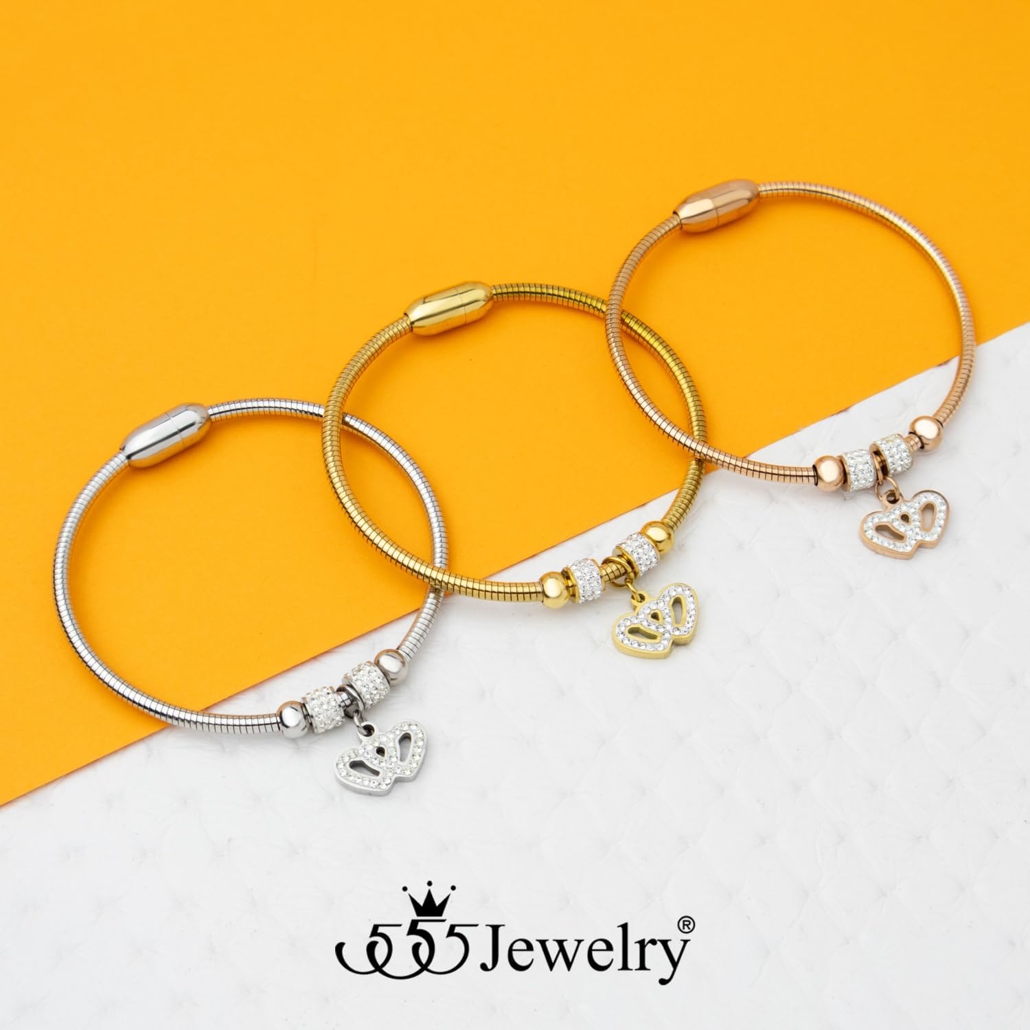 image:image555Jewelry Womens Sparkly Magnetic Clasp CZ Love Heart Charm Bangle BraceletRose Gold Style 2