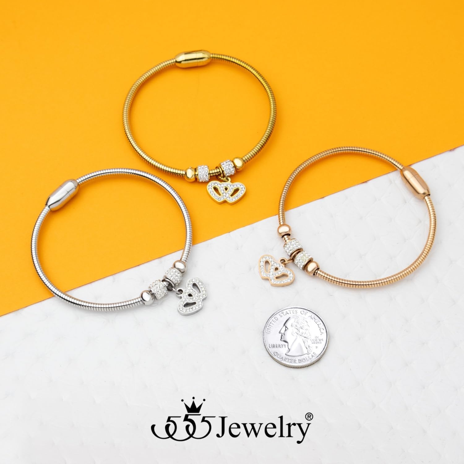 image:image555Jewelry Womens Sparkly Magnetic Clasp CZ Love Heart Charm Bangle BraceletRose Gold Style 2