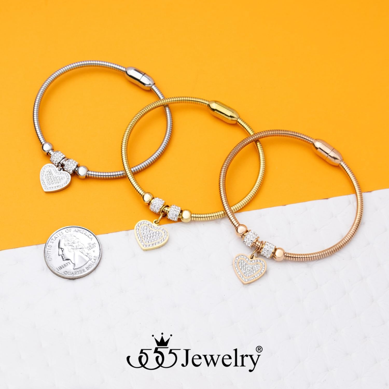 image:image555Jewelry Womens Sparkly Magnetic Clasp CZ Love Heart Charm Bangle BraceletRose Gold Style 3