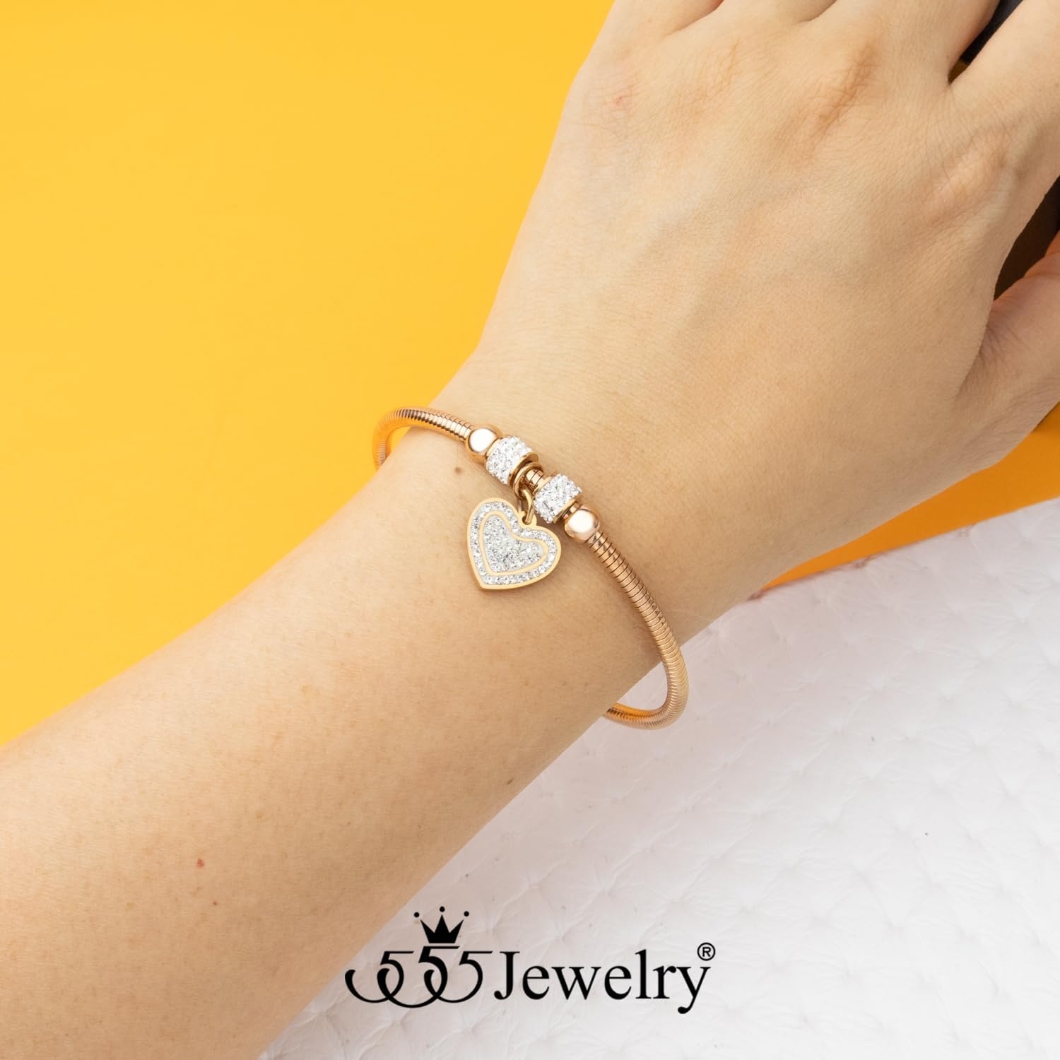 image:image555Jewelry Womens Sparkly Magnetic Clasp CZ Love Heart Charm Bangle BraceletRose Gold Style 3