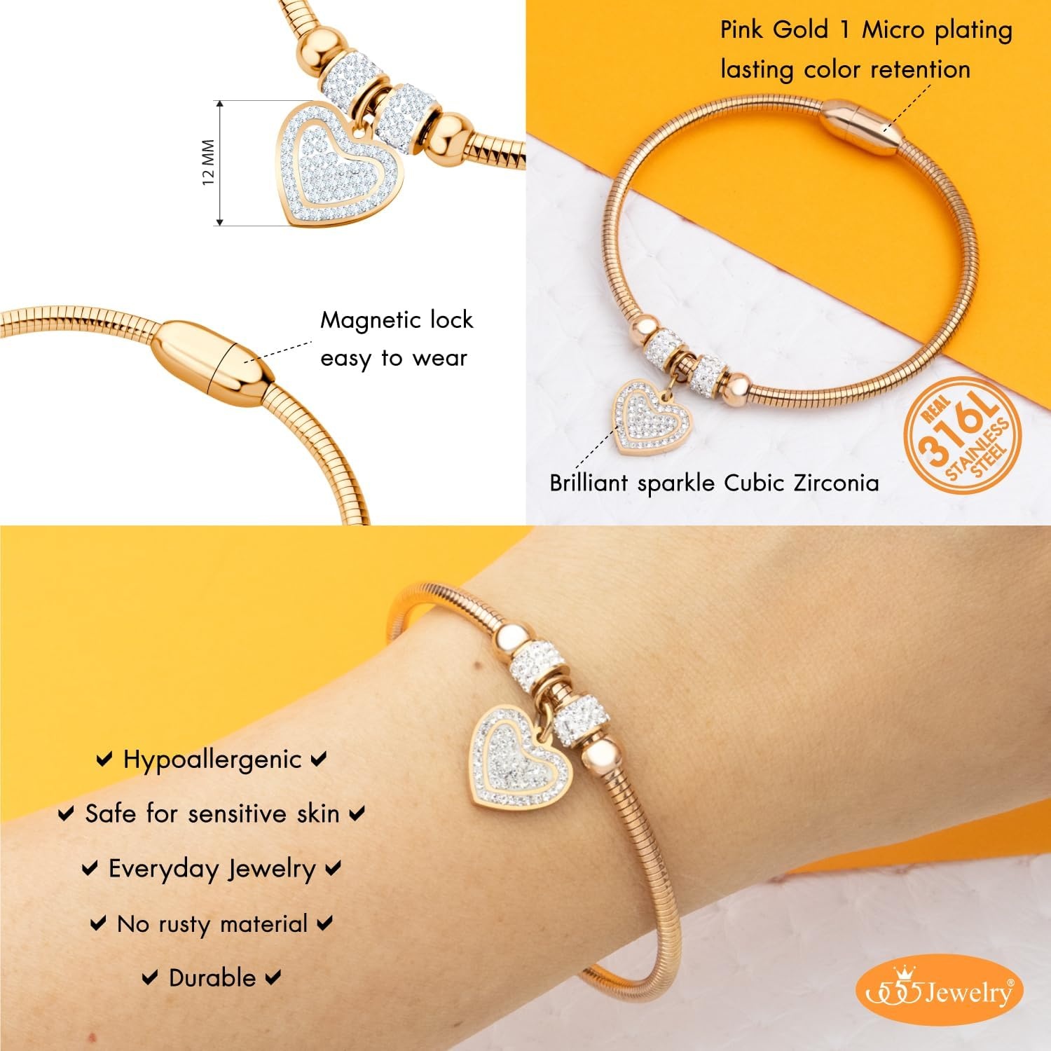 image:image555Jewelry Womens Sparkly Magnetic Clasp CZ Love Heart Charm Bangle BraceletRose Gold Style 3