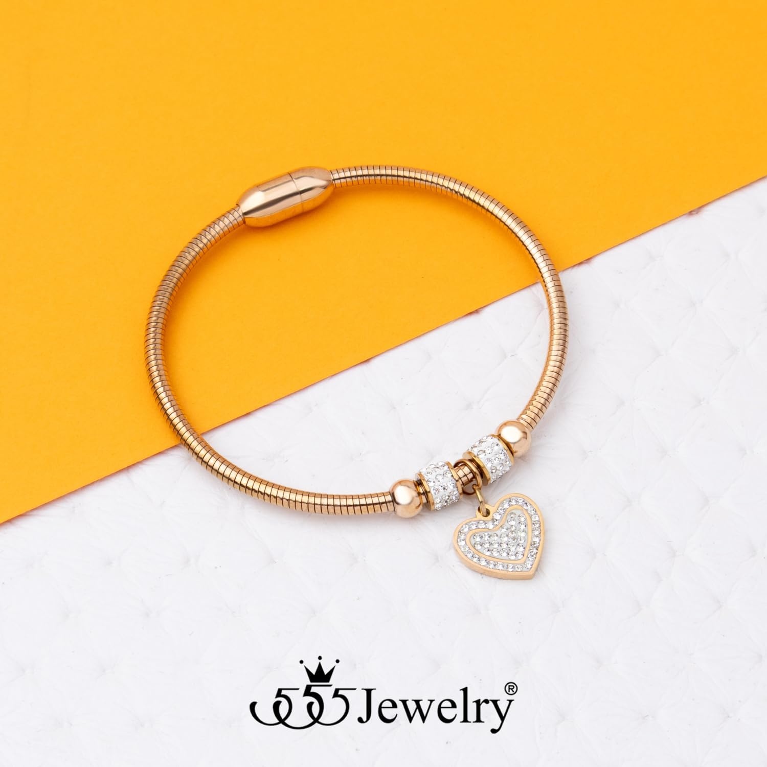 image:image555Jewelry Womens Sparkly Magnetic Clasp CZ Love Heart Charm Bangle BraceletRose Gold Style 3
