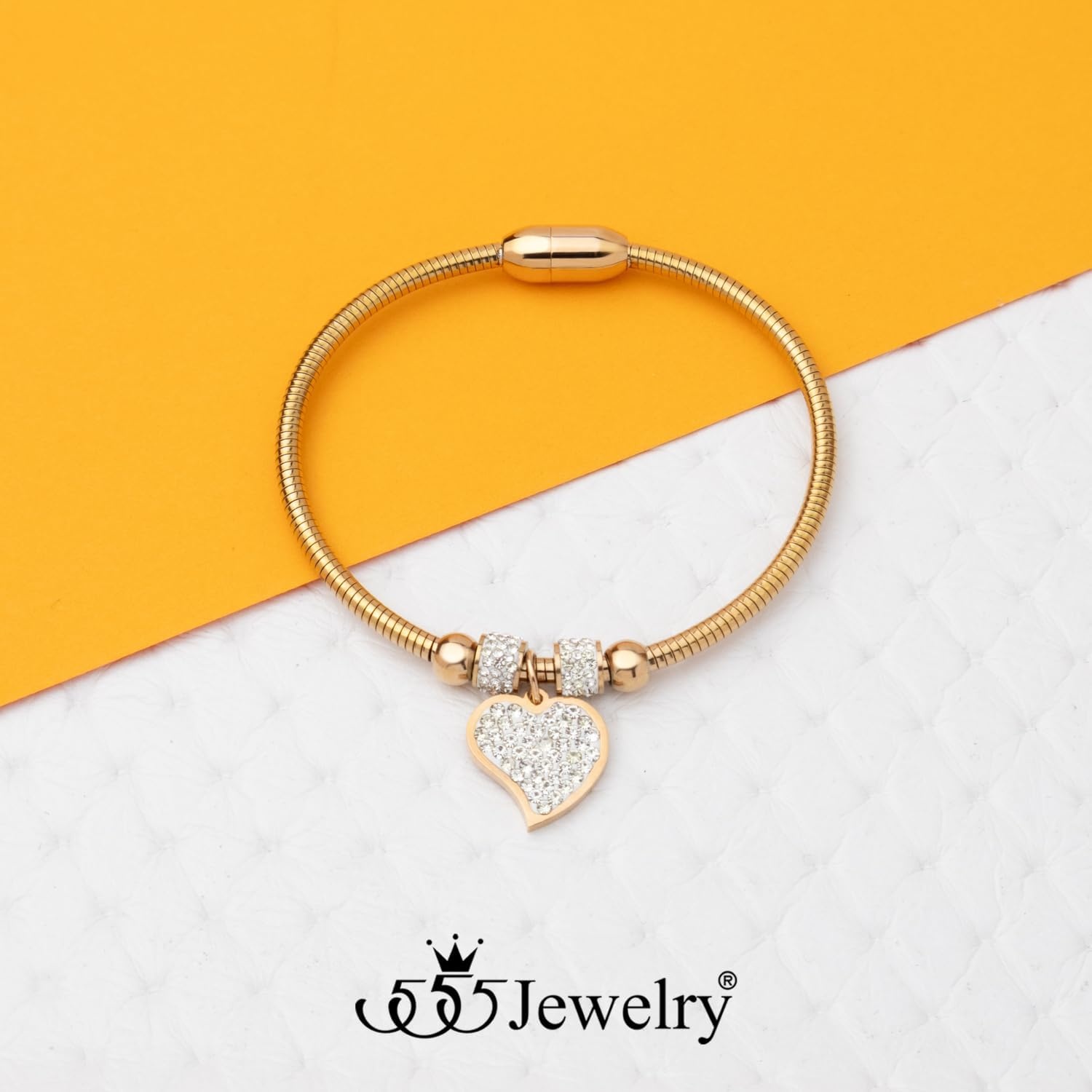 image:image555Jewelry Womens Sparkly Magnetic Clasp CZ Love Heart Charm Bangle BraceletRose Gold Style 4