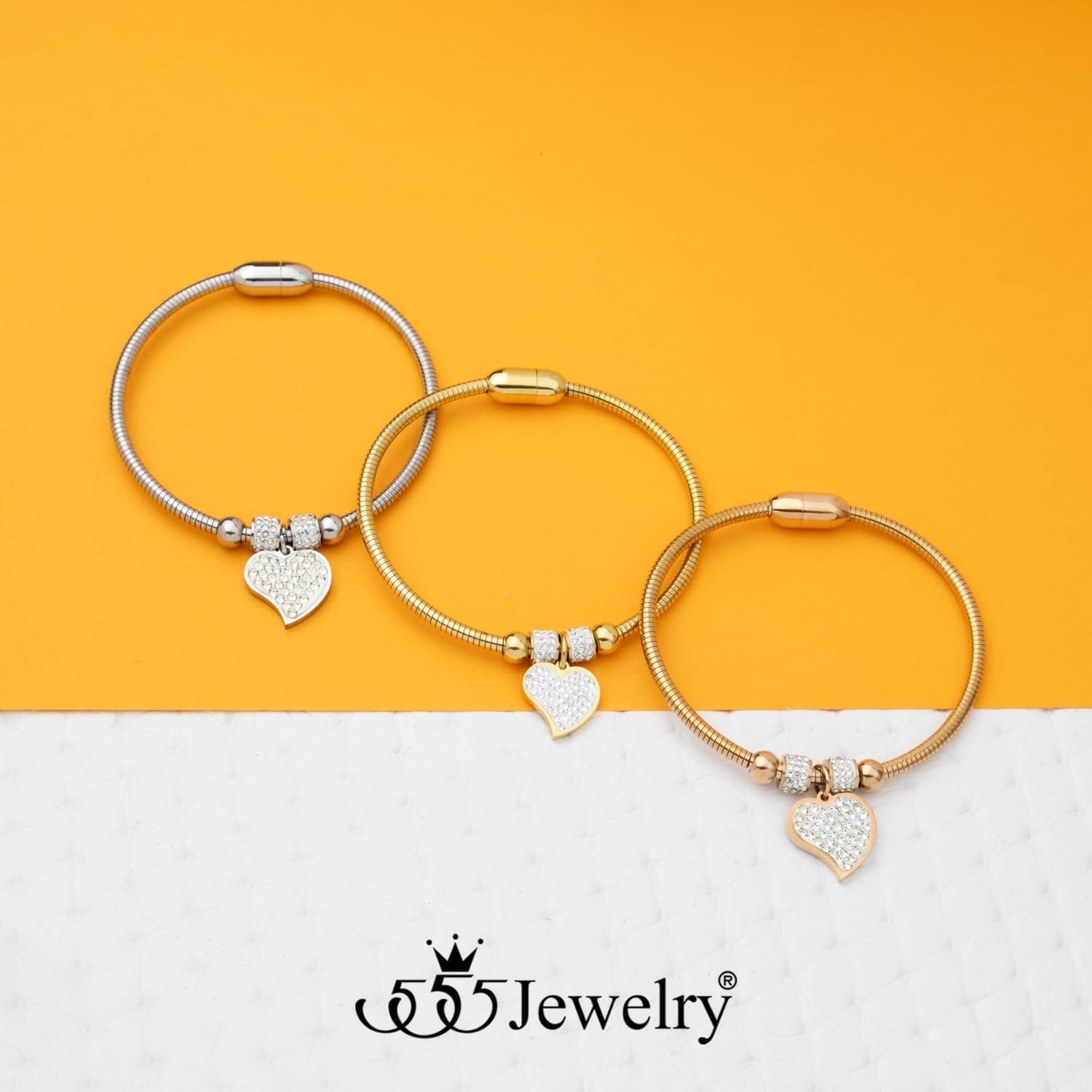 image:image555Jewelry Womens Sparkly Magnetic Clasp CZ Love Heart Charm Bangle BraceletRose Gold Style 4