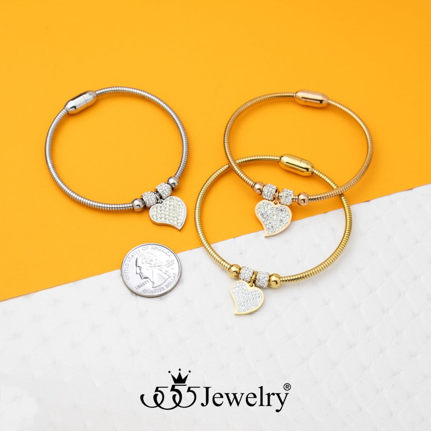 image:image555Jewelry Womens Sparkly Magnetic Clasp CZ Love Heart Charm Bangle BraceletRose Gold Style 4