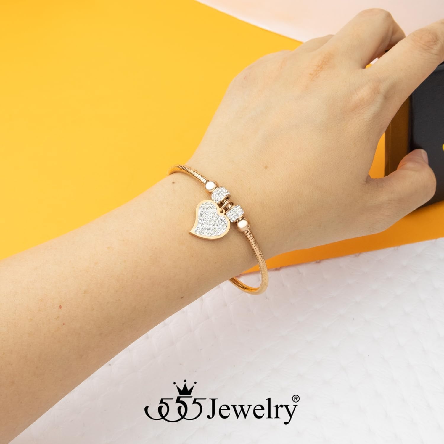 image:image555Jewelry Womens Sparkly Magnetic Clasp CZ Love Heart Charm Bangle BraceletRose Gold Style 4