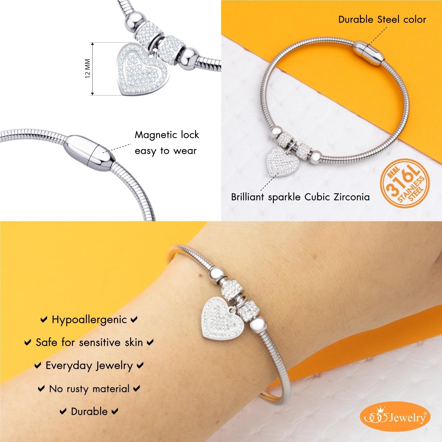 image:image555Jewelry Womens Sparkly Magnetic Clasp CZ Love Heart Charm Bangle BraceletSilver Style 3