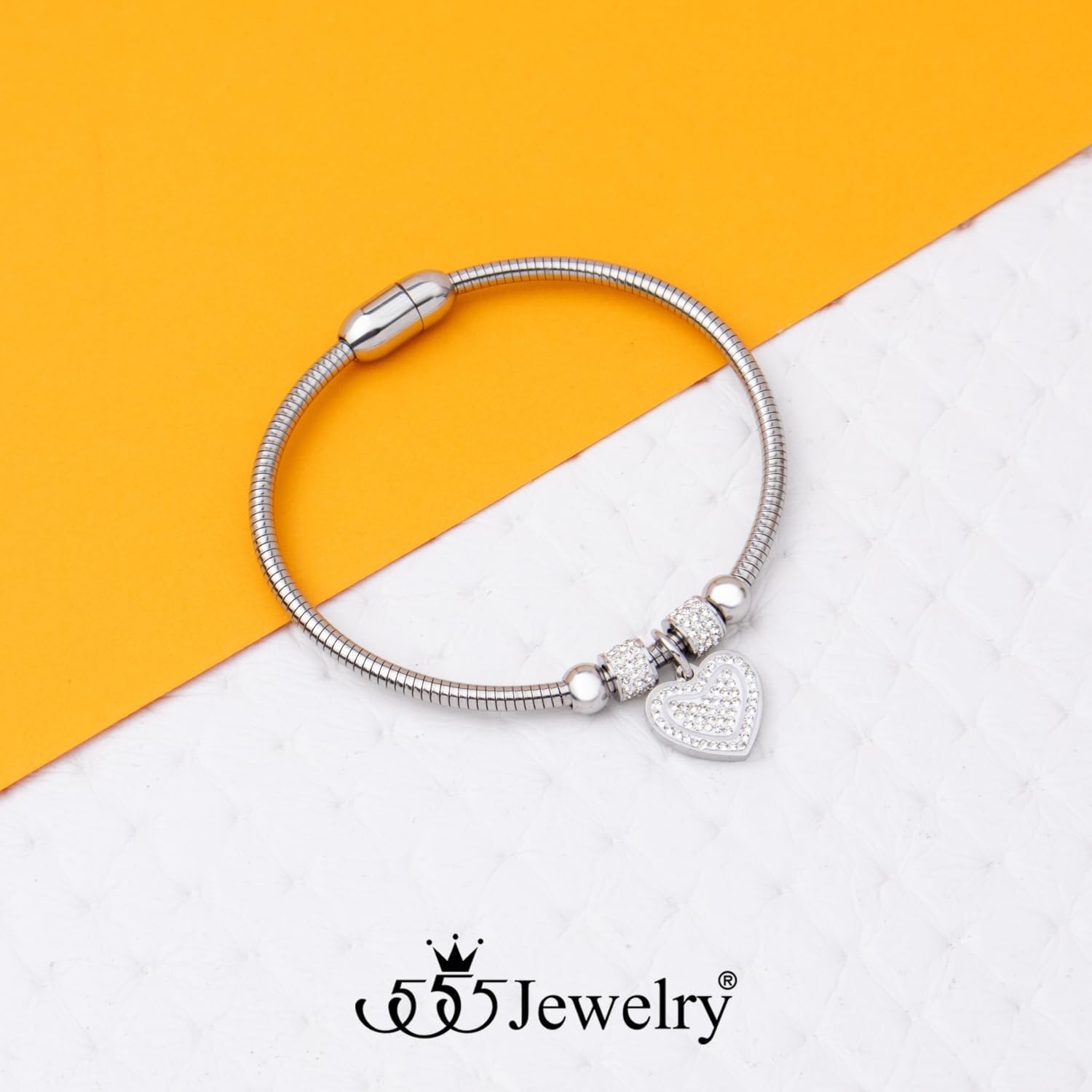 image:image555Jewelry Womens Sparkly Magnetic Clasp CZ Love Heart Charm Bangle BraceletSilver Style 3