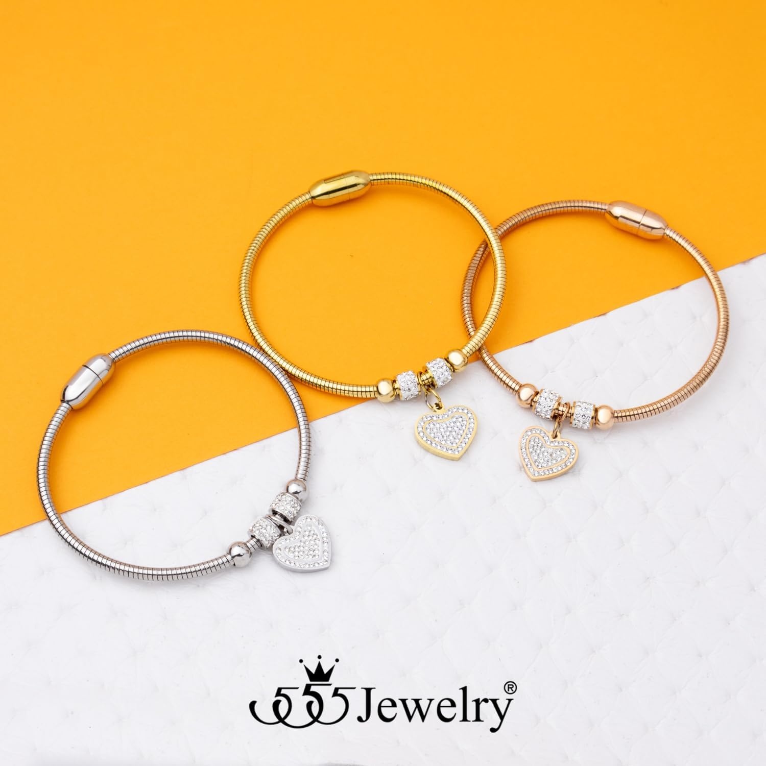 image:image555Jewelry Womens Sparkly Magnetic Clasp CZ Love Heart Charm Bangle BraceletSilver Style 3