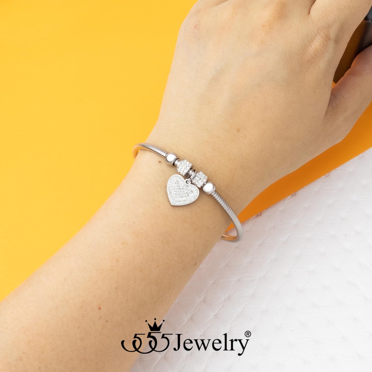 image:image555Jewelry Womens Sparkly Magnetic Clasp CZ Love Heart Charm Bangle BraceletSilver Style 3