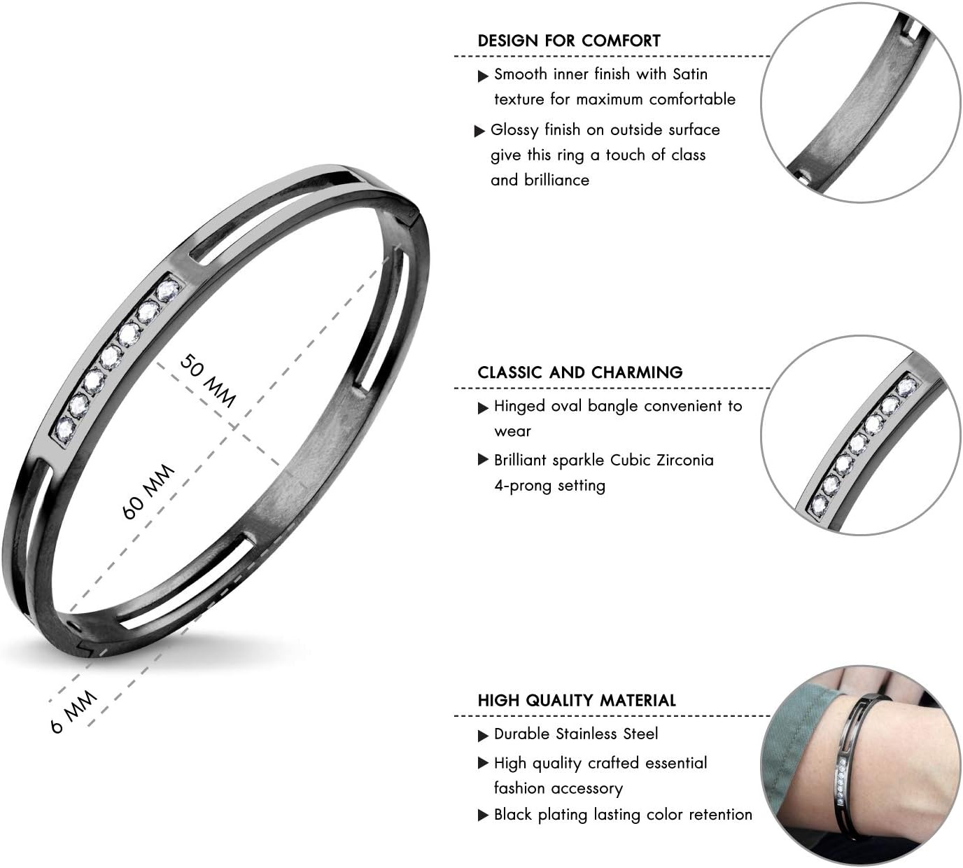 image:image555Jewelry Womens Stainless Steel Fashion CZ Studded Cuff Bangle BraceletBlack Grooved