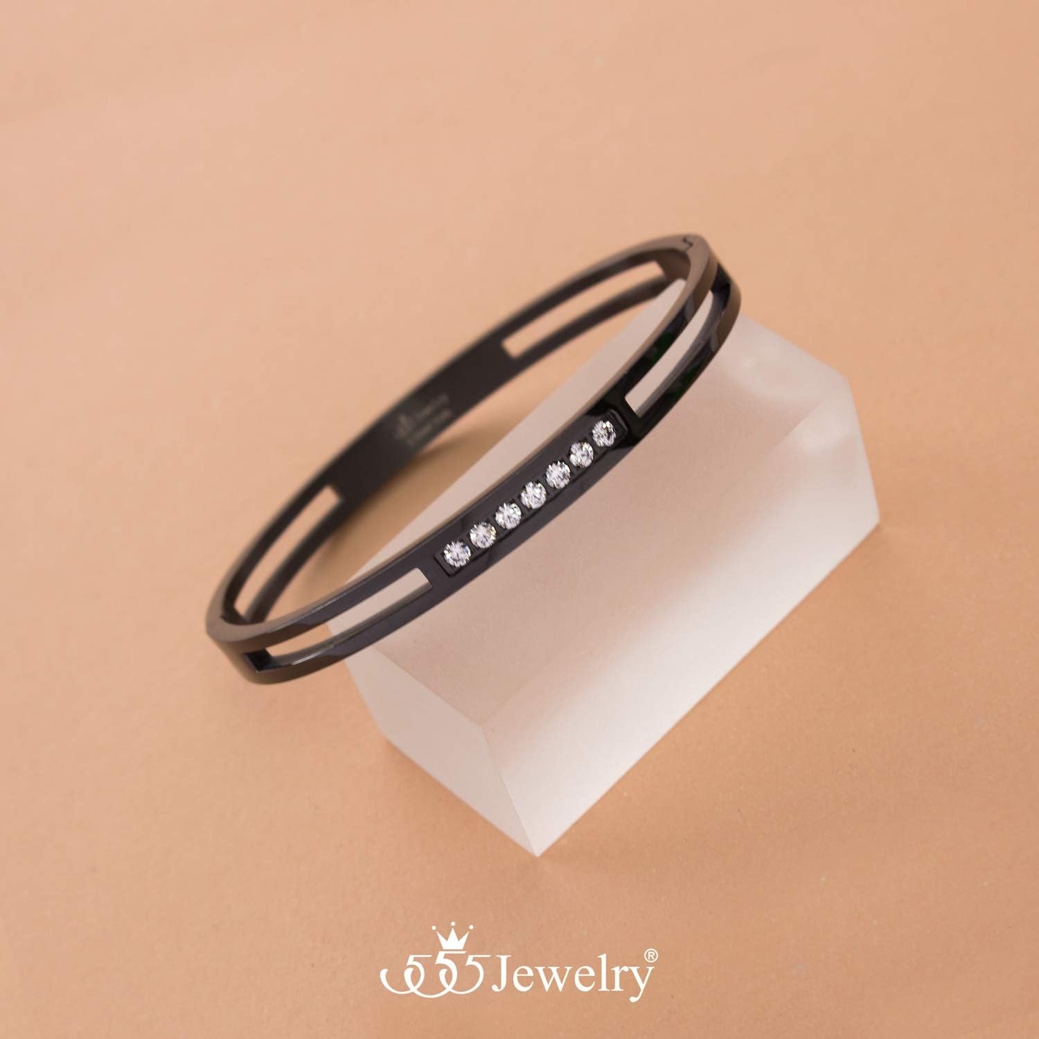 image:image555Jewelry Womens Stainless Steel Fashion CZ Studded Cuff Bangle BraceletBlack Grooved
